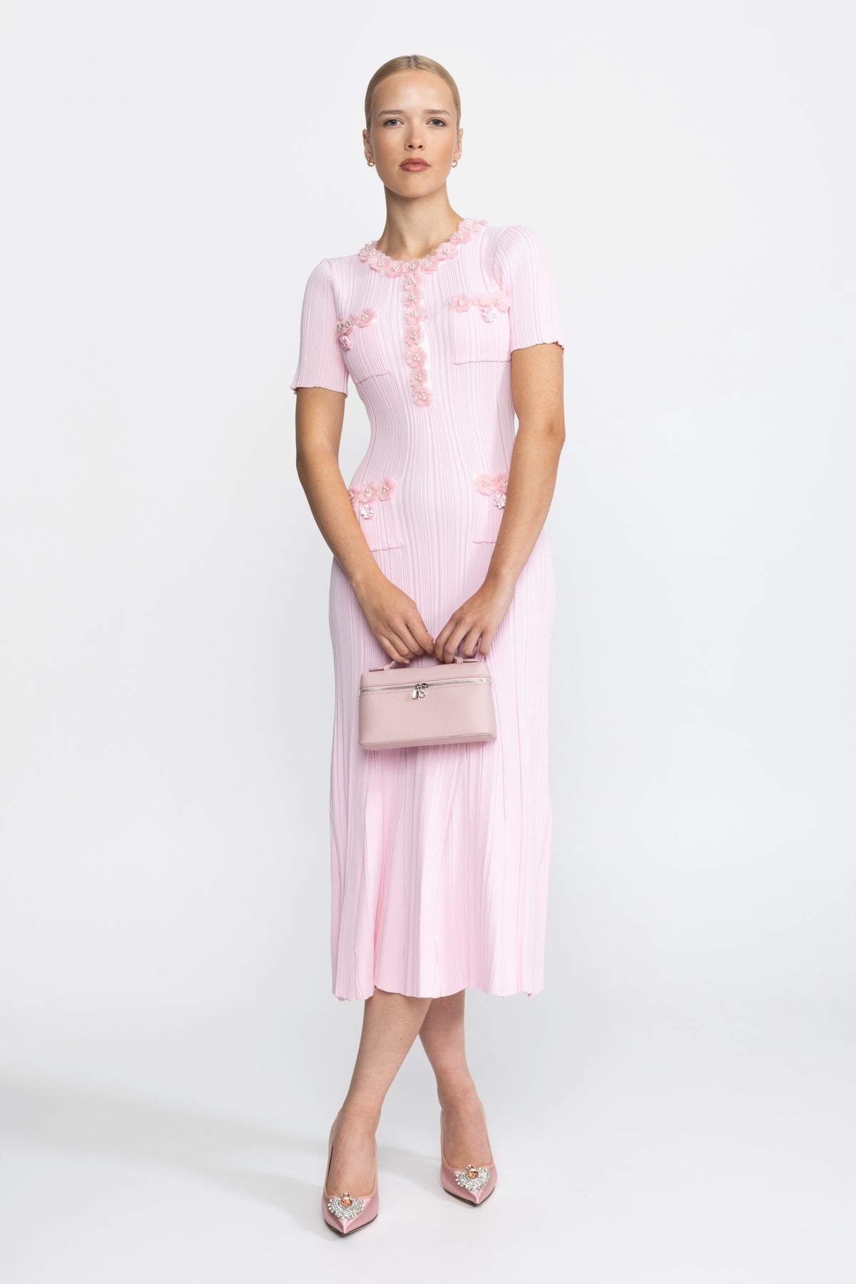 Ribbed Knit Flower Appliqué Midi Dress - Pink