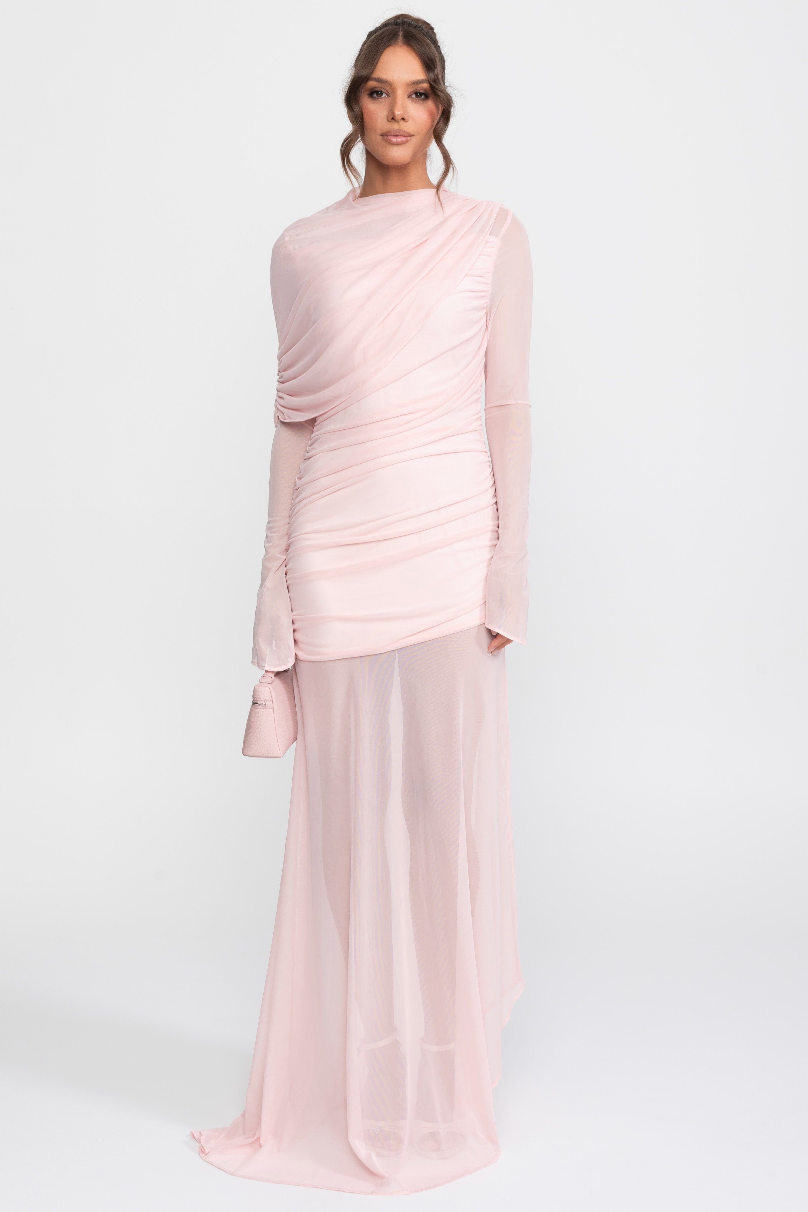 Draped Shoulder Maxi Dress With Sheer Skirt - Pink