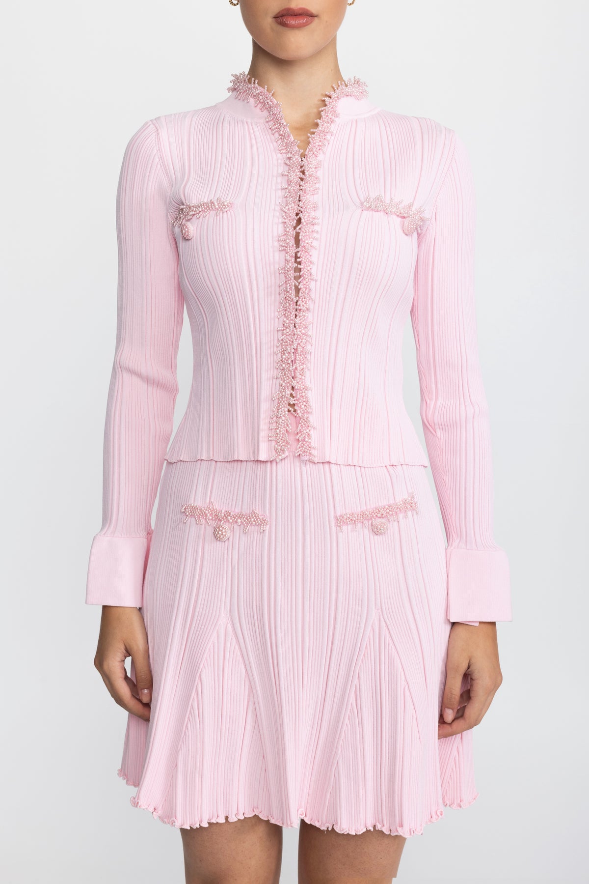 Beaded Trim Rib Knit Cardigan and Mini Skirt Co-ord Set - Pink