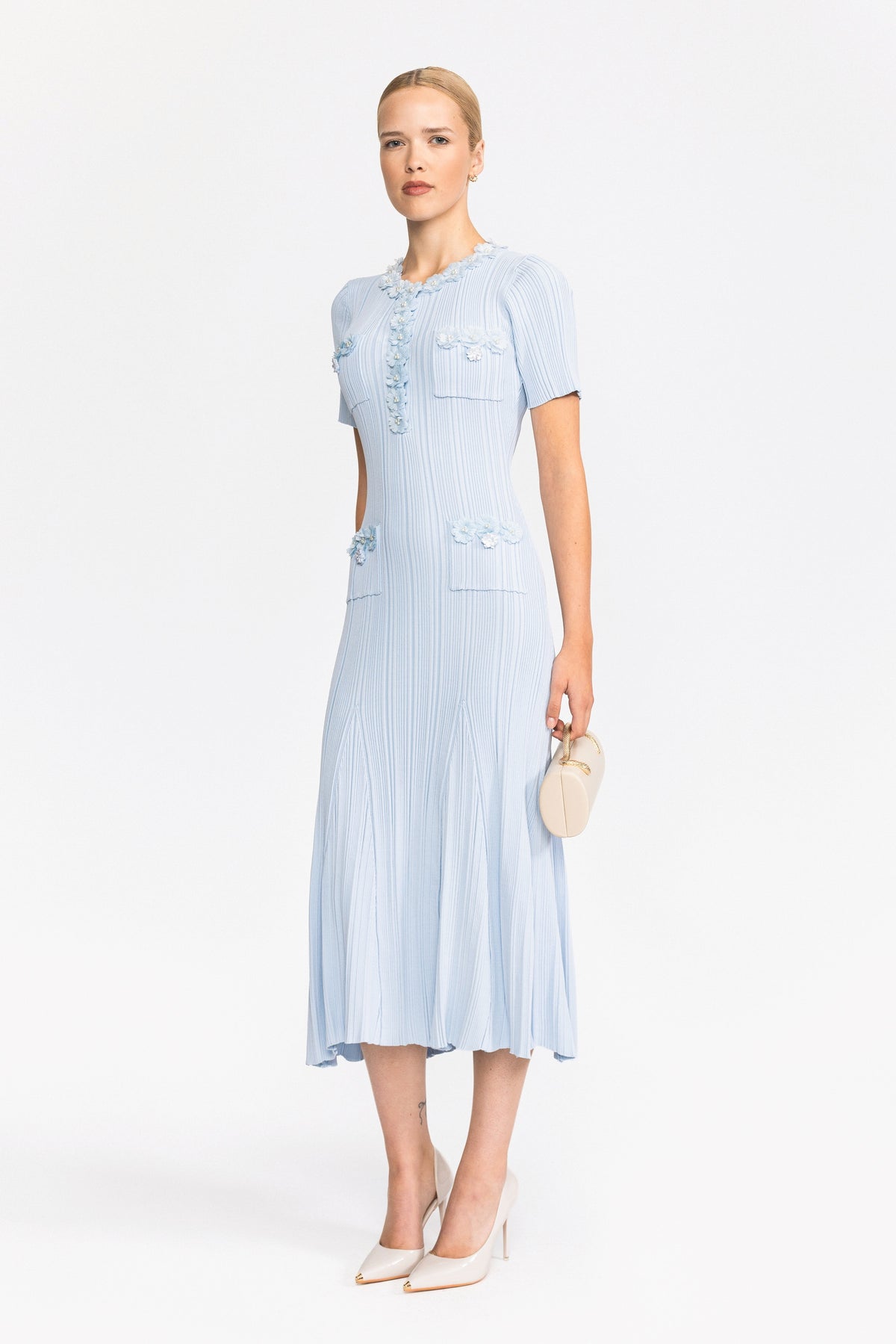 Ribbed Knit Flower Appliqué Midi Dress - Light Blue