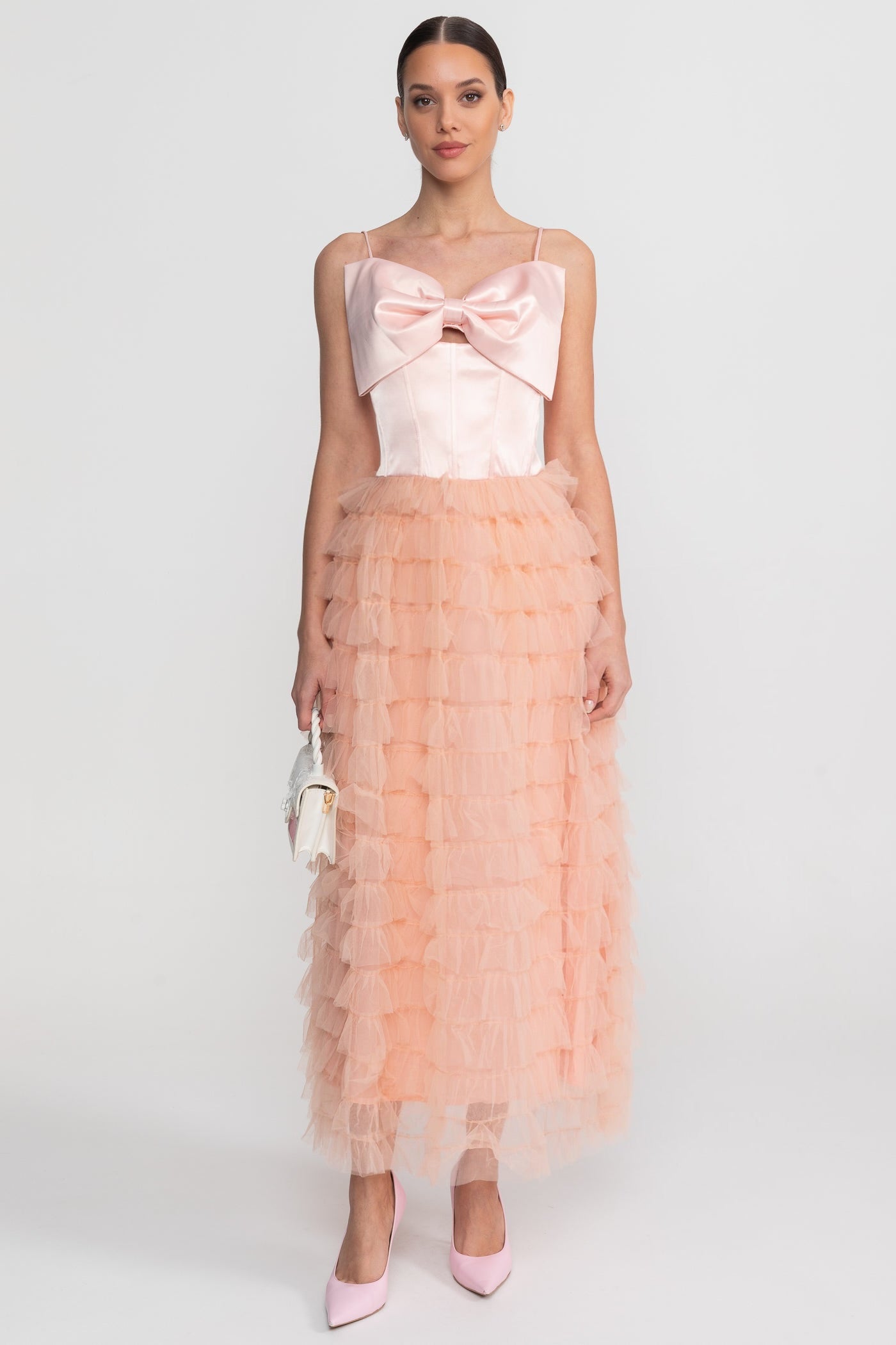 Satin Bow Strap Maxi Dress With Tiered Tulle Skirt