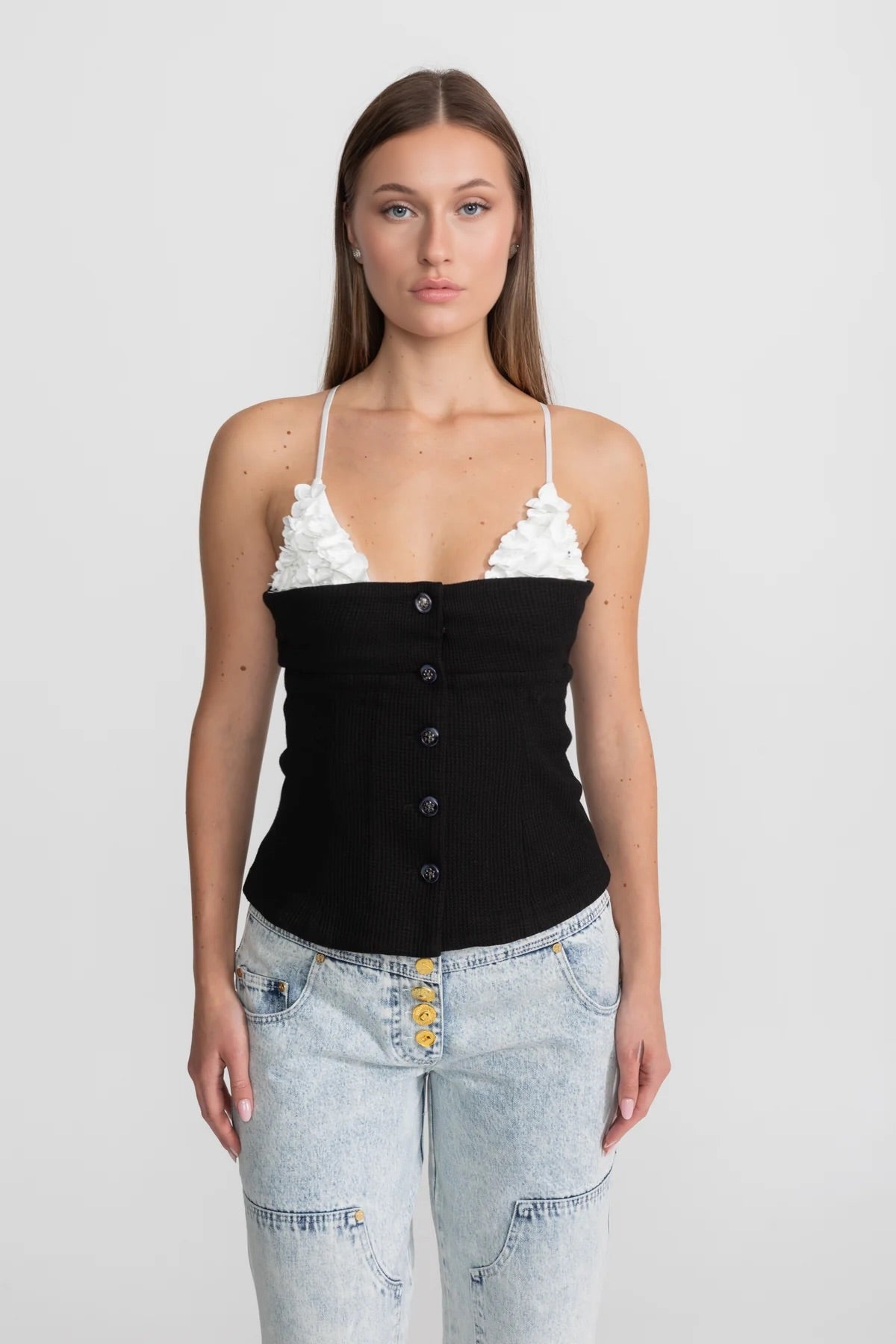 Contrast Floral Appliqué Bustier Top – Black/White