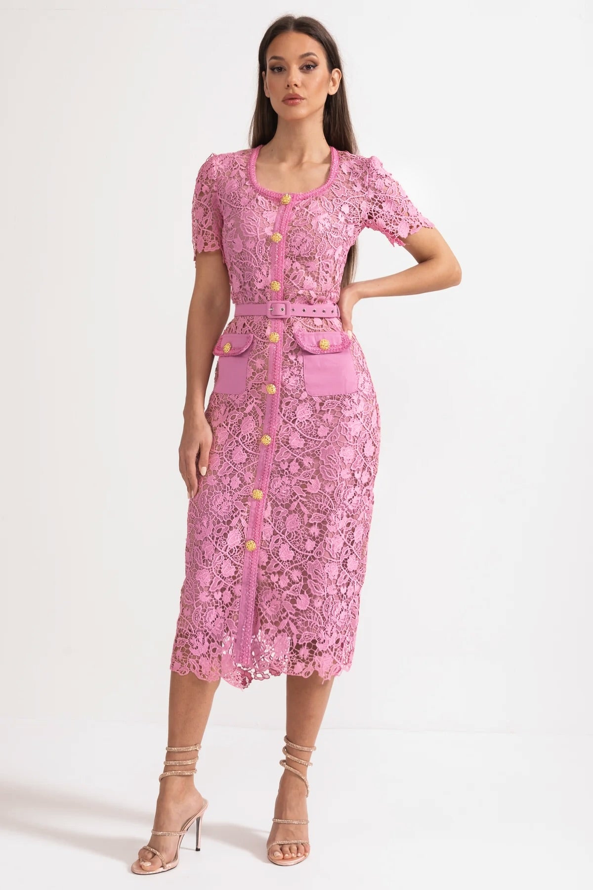 Exquisite Short Sleeve Lace Midi Dress - Rose