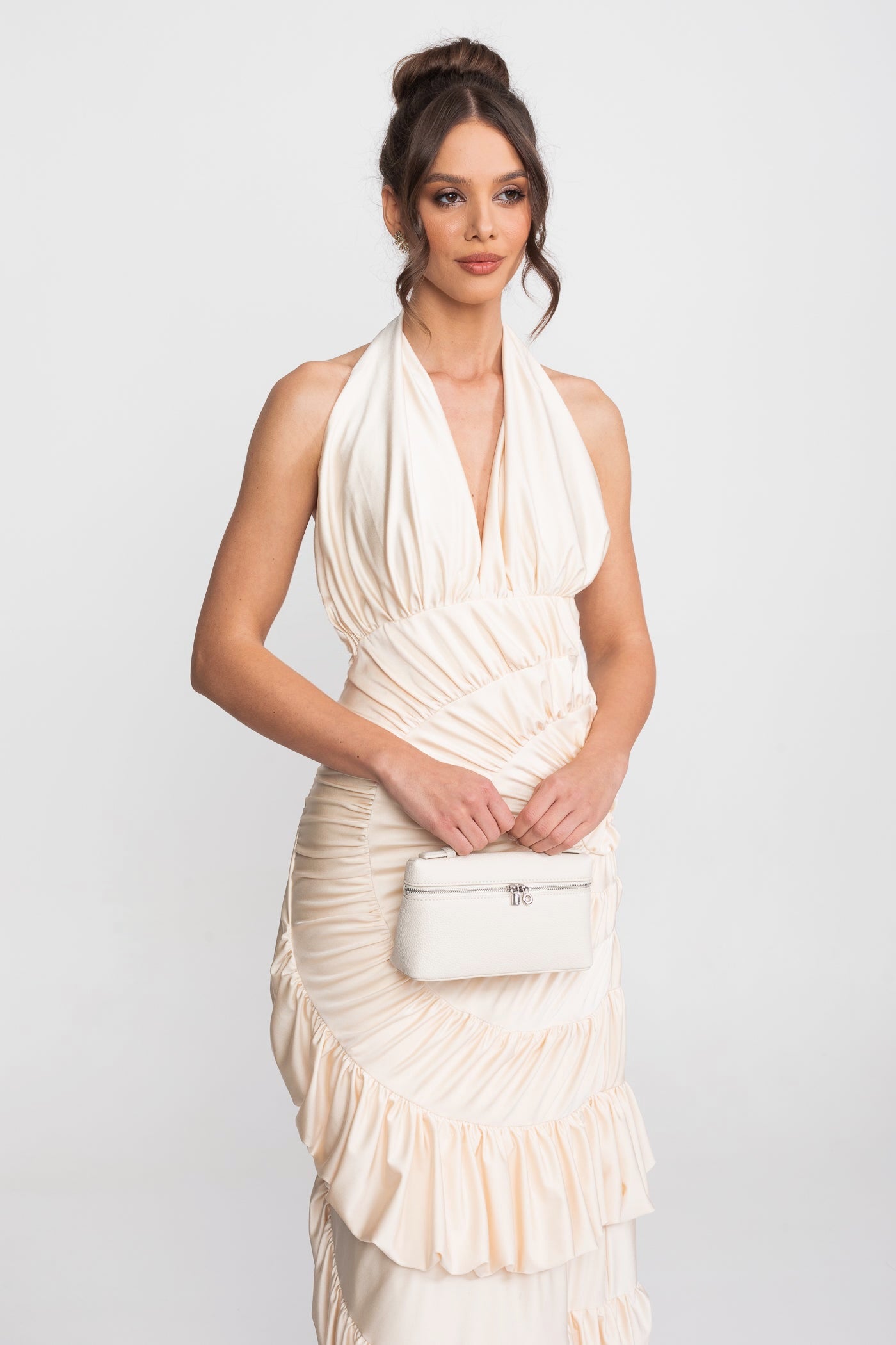 Halter Maxi Dress With Fan-Pleated Bodice And Tiered Ruffle Skirt - Ivoire