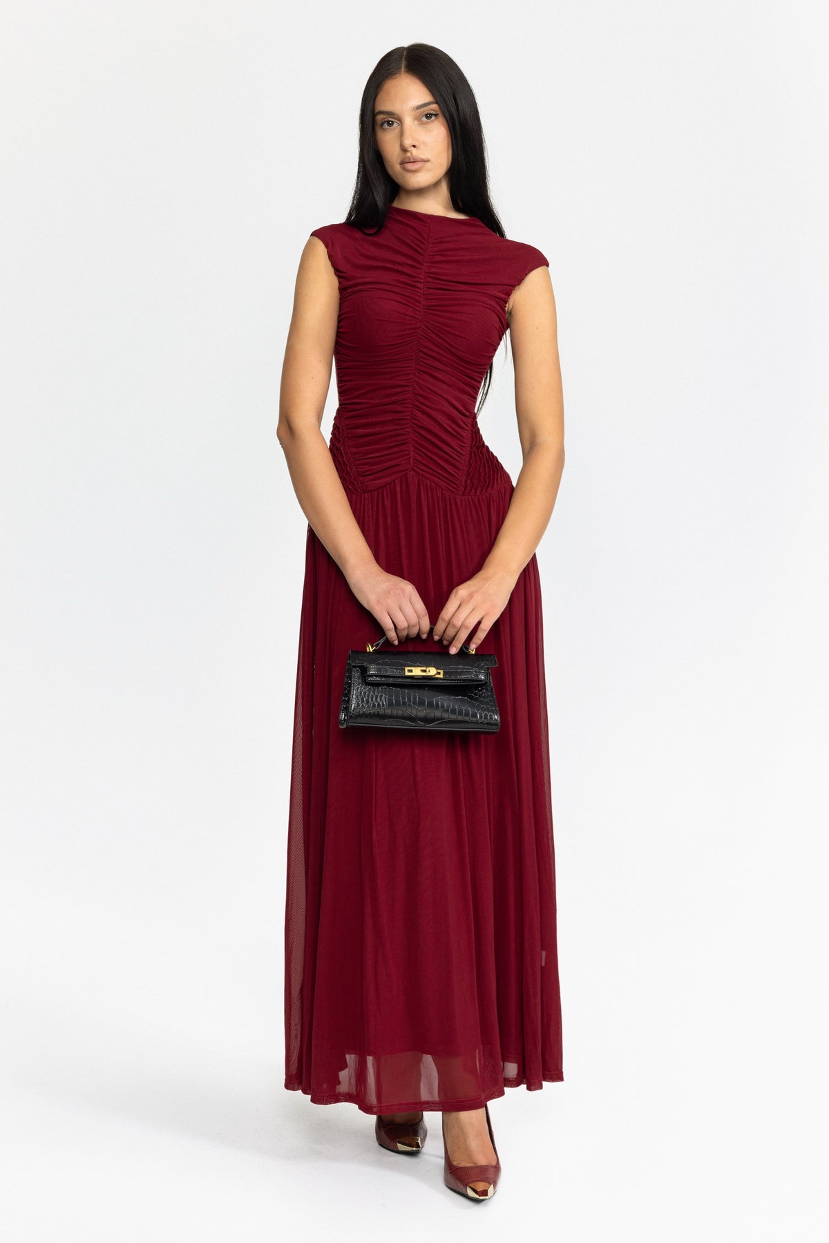 Ruched Mesh Drop Waist Maxi Dress - Wine