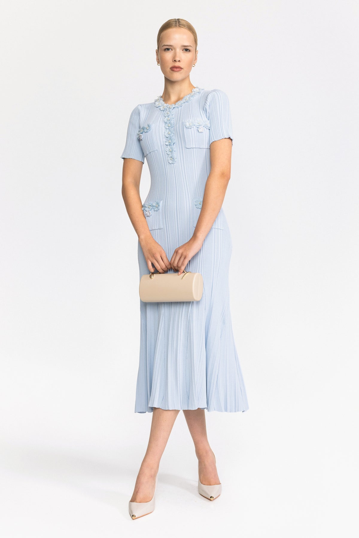 Ribbed Knit Flower Appliqué Midi Dress - Light Blue