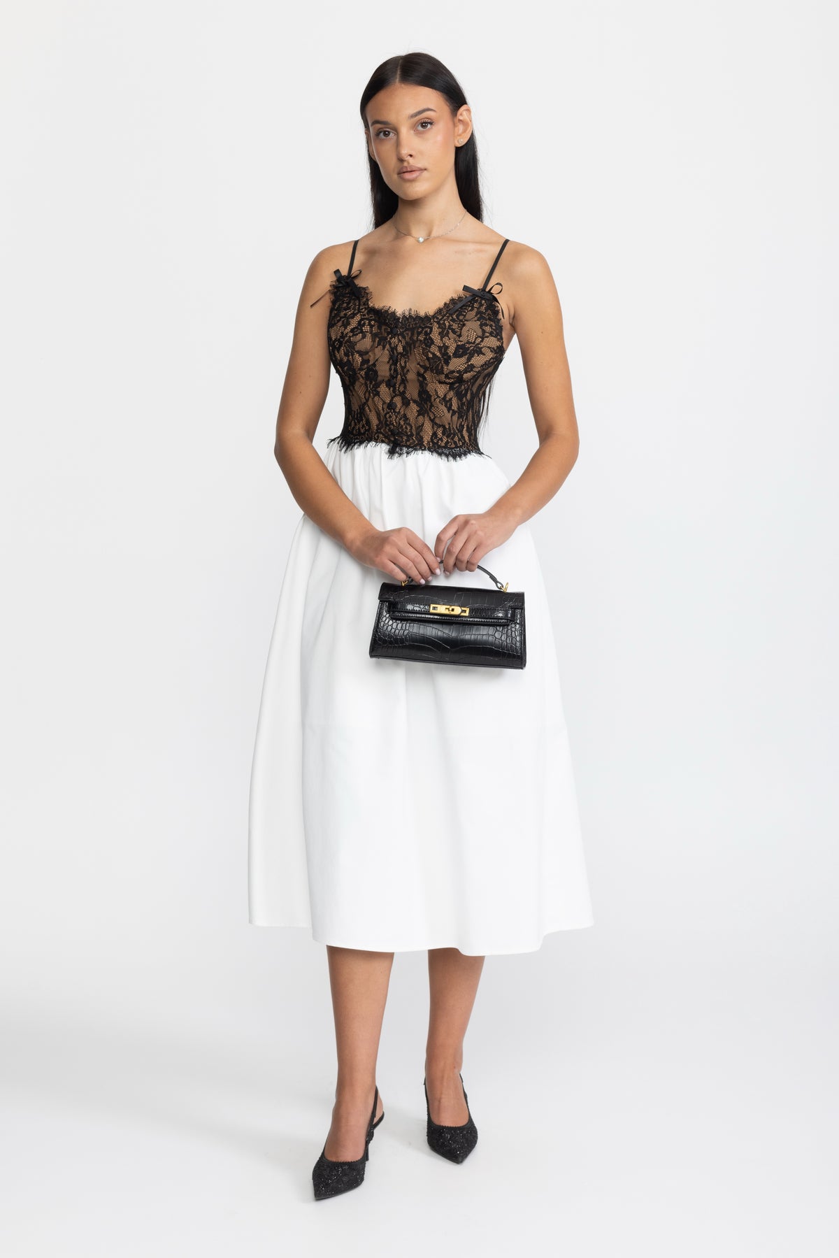 Lace Bustier Poplin Midi Dress - Black & White