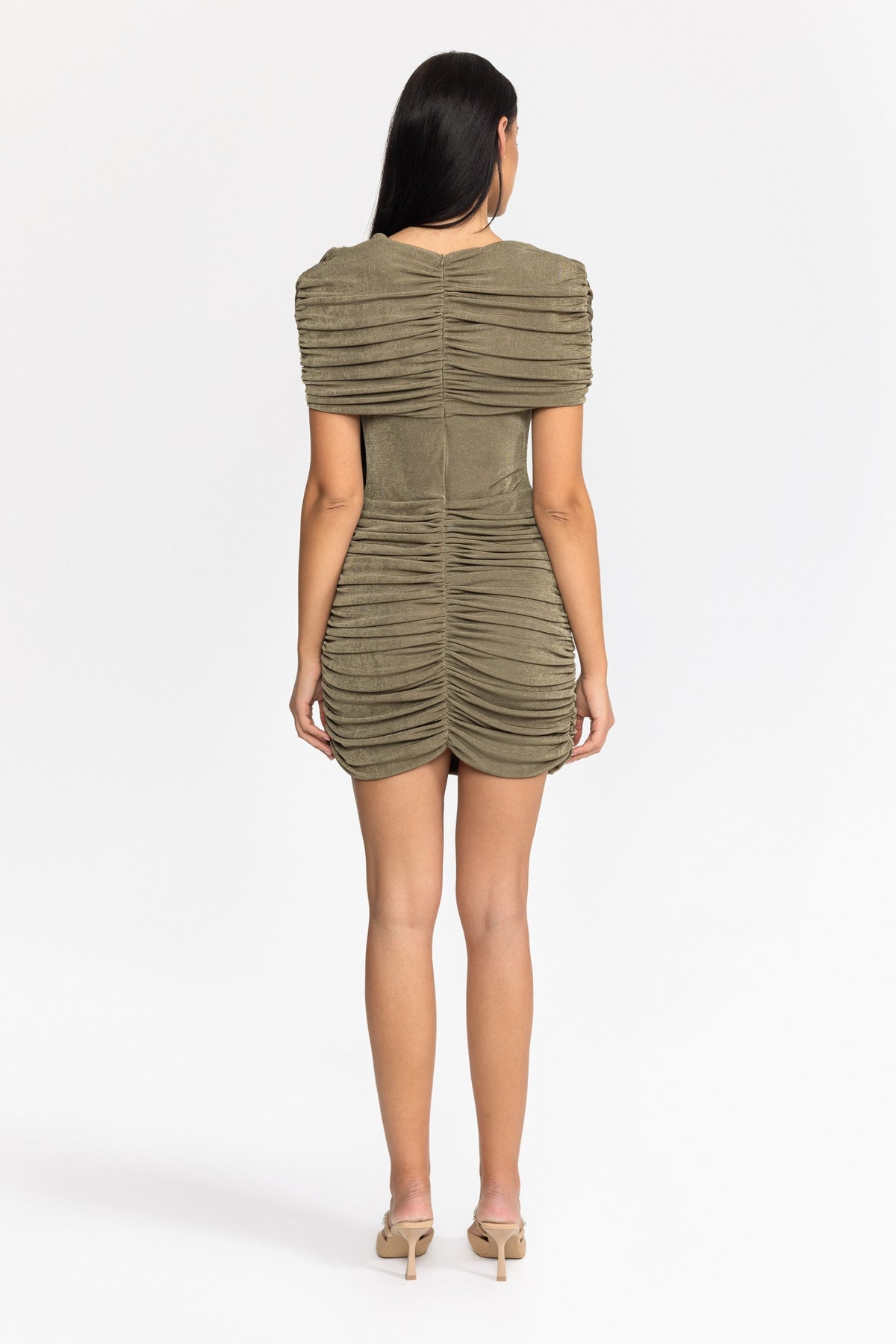 Draped Cape Ruched Mini Dress - Olive