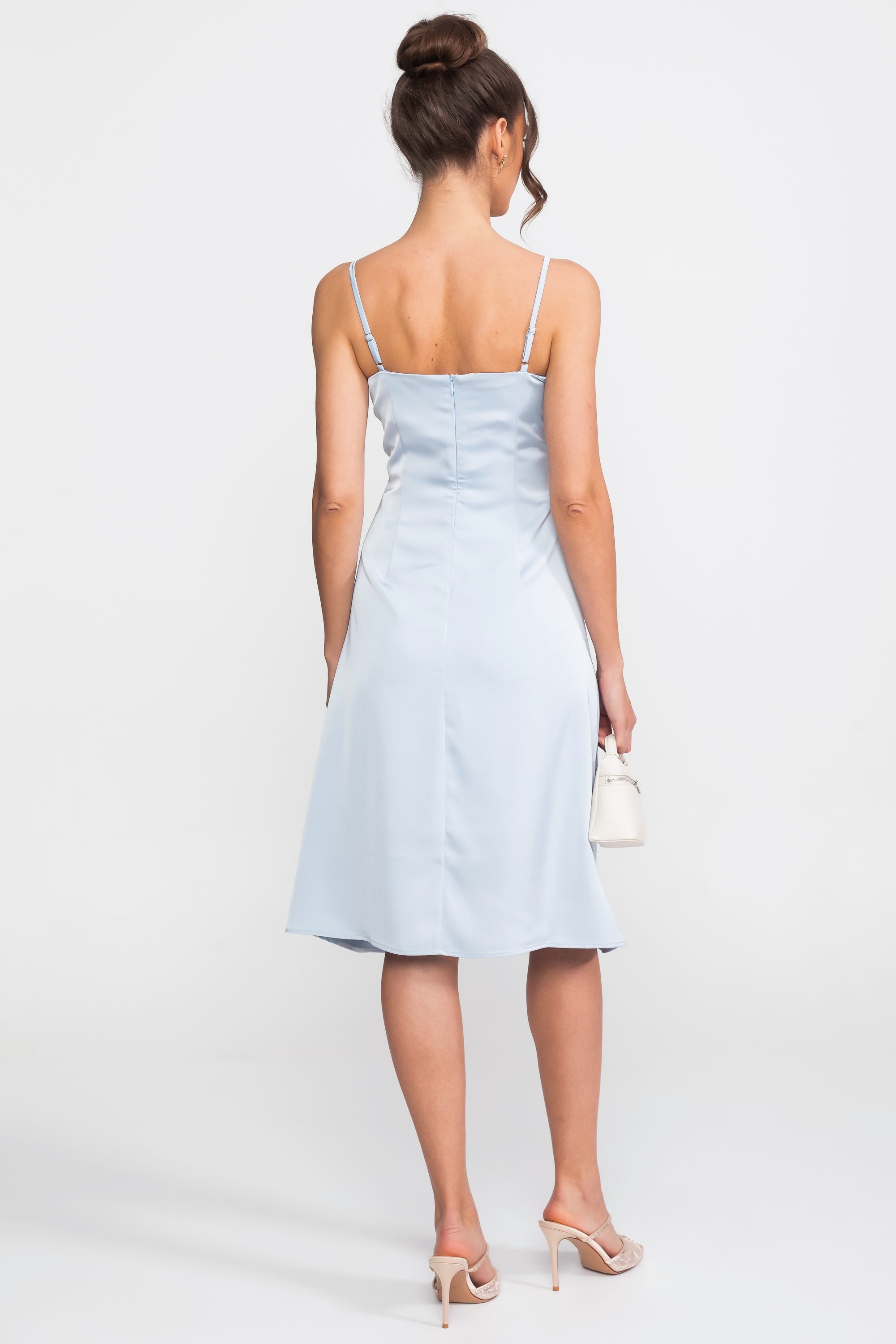 Satin Slip Midi Dress With Sweetheart Bustier Bodice - Light Blue