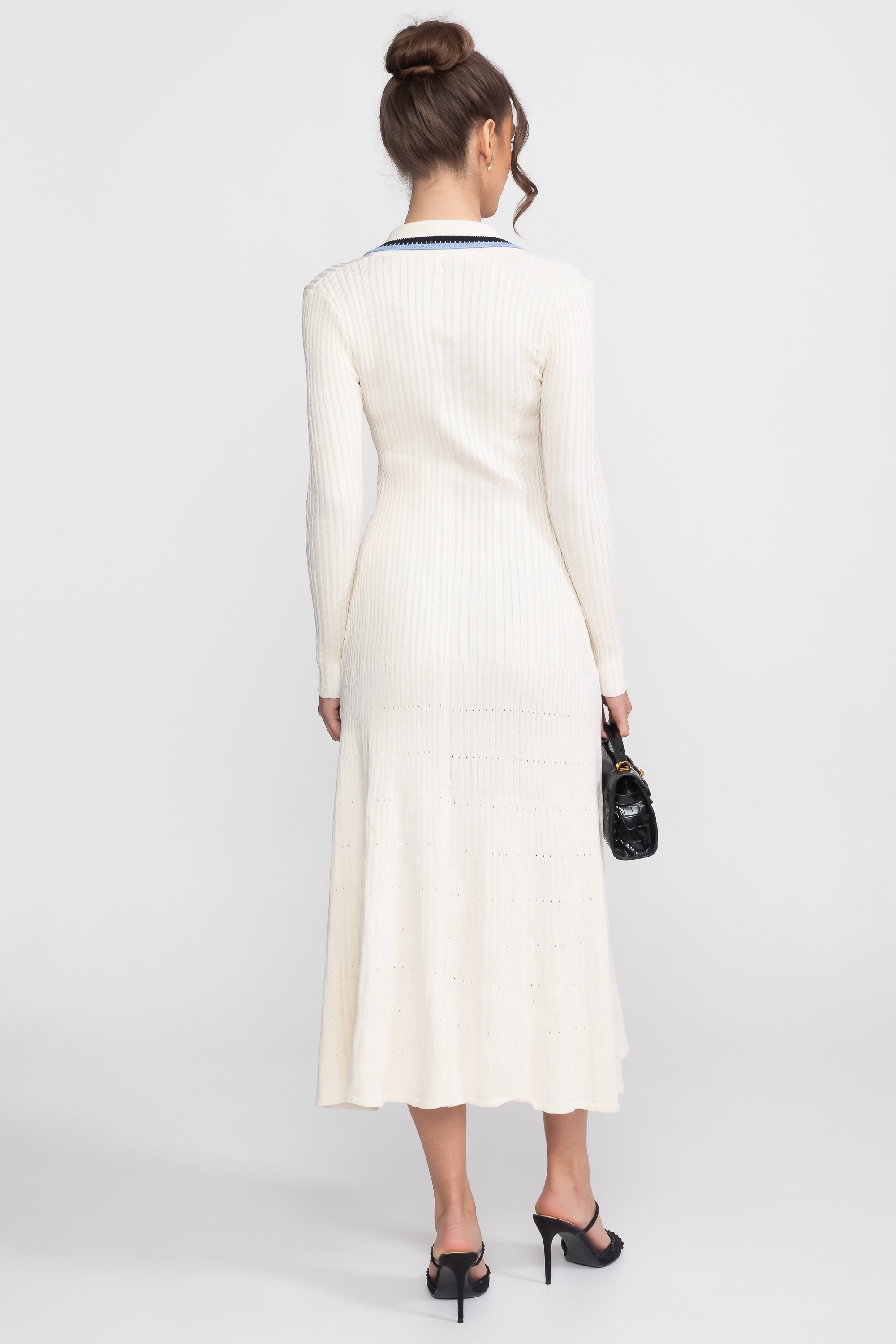 Long Sleeve Knit Midi Dress With Polo Collar And Monogram Patch - Ivoire