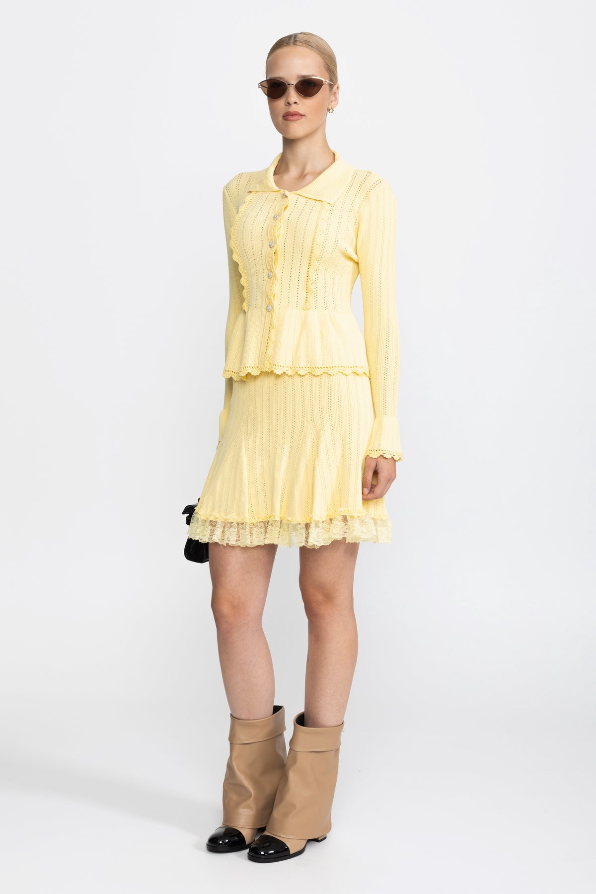 Pointelle Knit Peplum Cardigan and Lace Hem Skirt Co-ord Set - Yellow