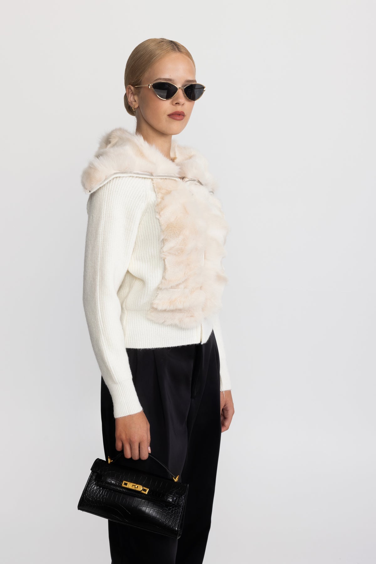 Rabbit Fur Panel Knit Zip Cardigan - Ivoire
