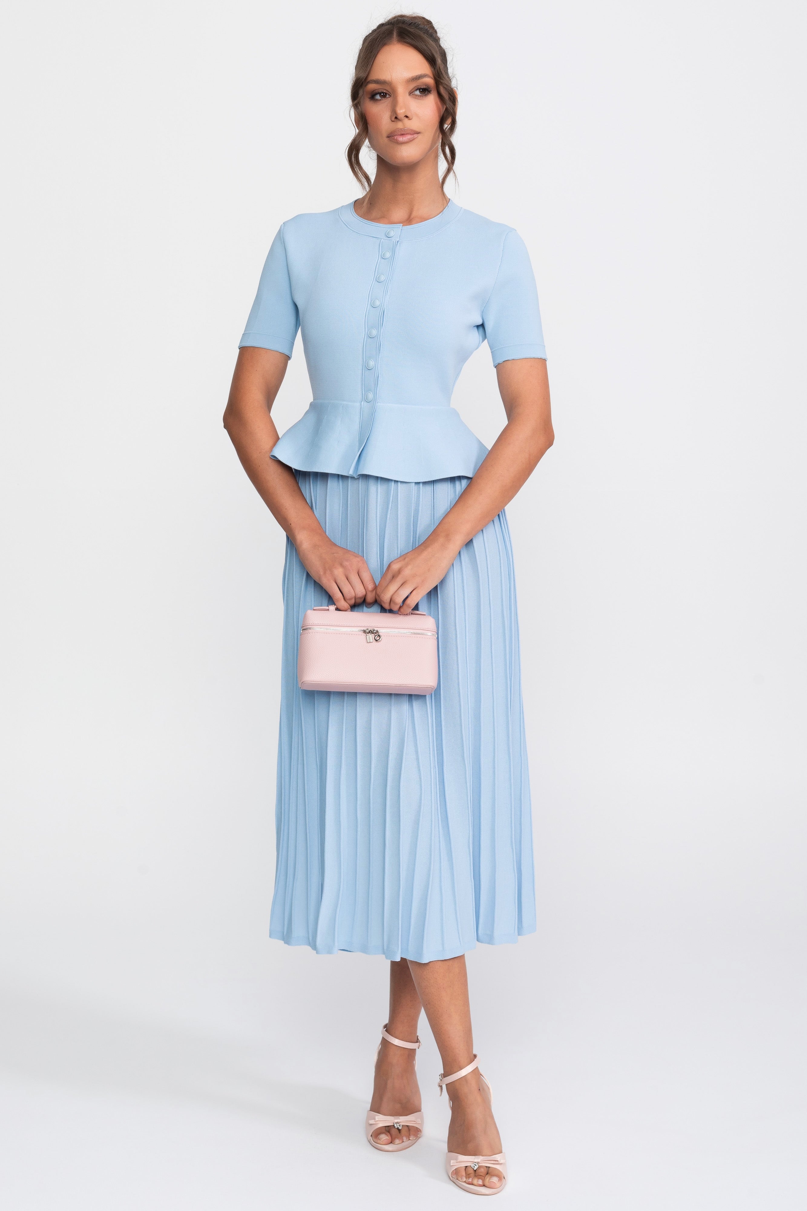 Peplum Knit Midi Dress With Button Front - Light Blue