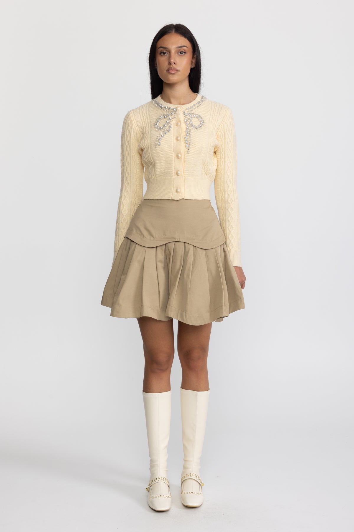 Scalloped Yoke Pleated Mini Skirt - Khaki