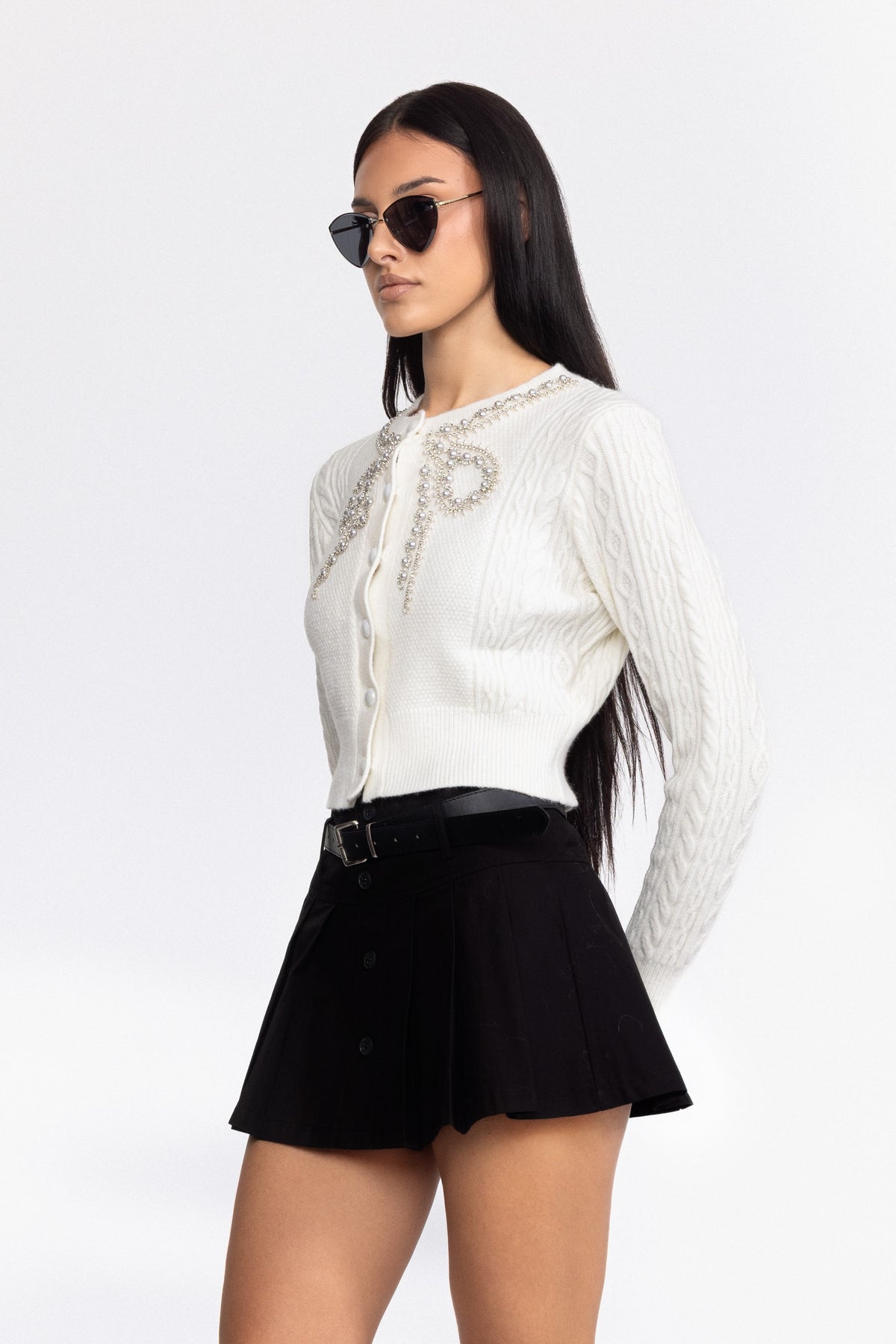Pearl Bow Embellished Cable Knit Cardigan - White