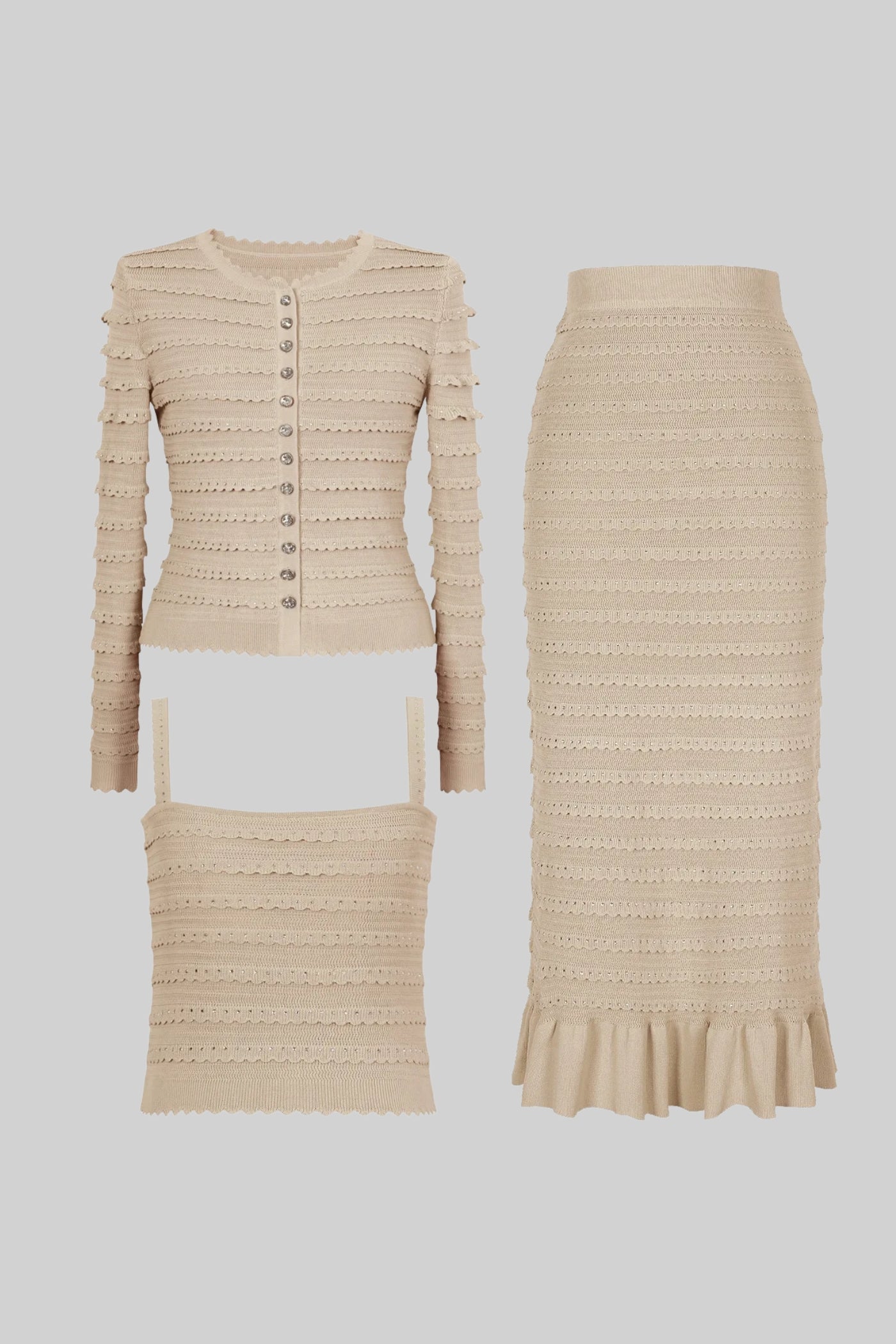 Textured Knit 3 Piece Set With Blazer, Top and Midi Skirt - Beige