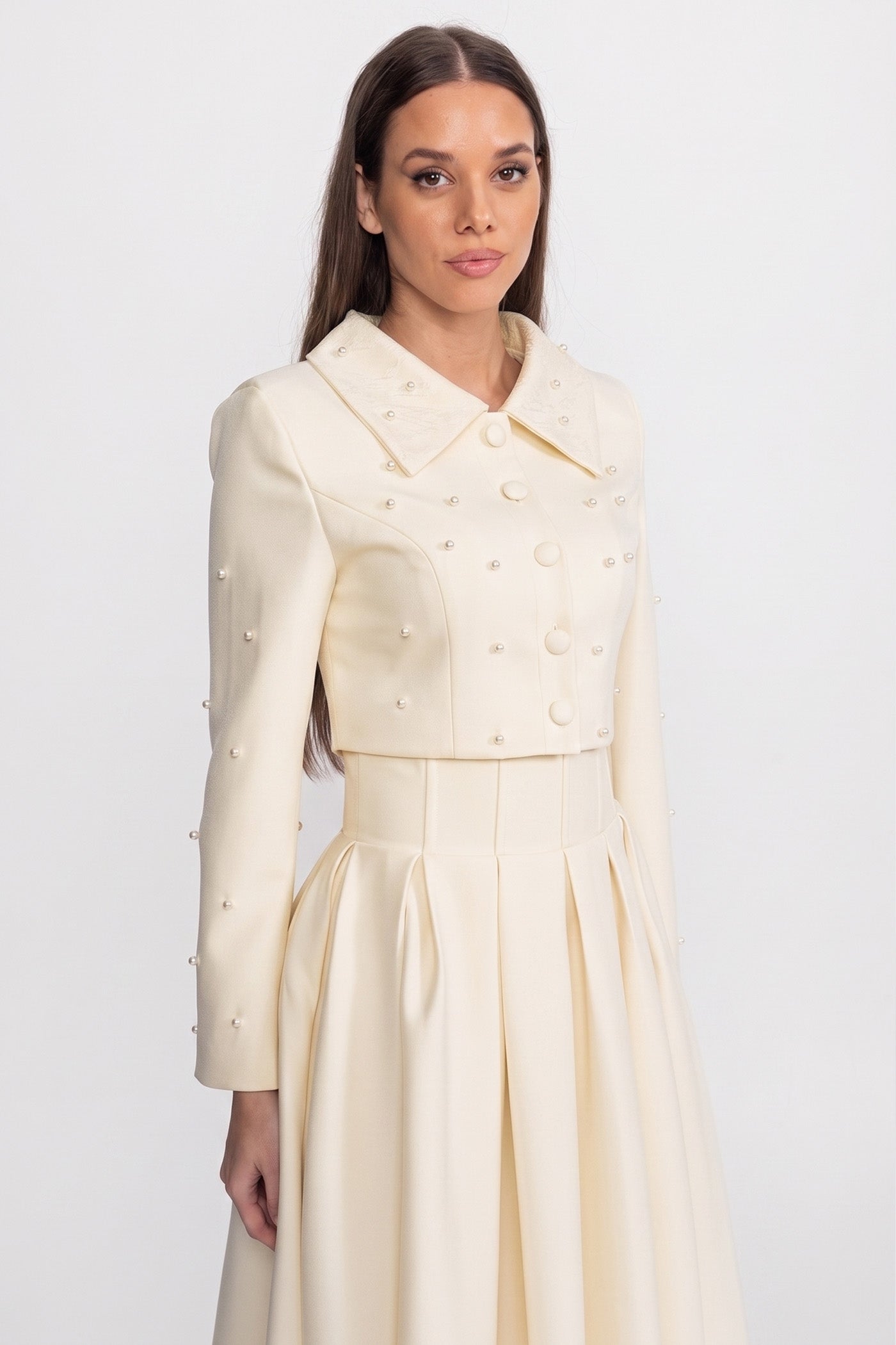 Pearl-Embellished Co-Ord Set with Cropped Jacket and Full Skirt – Ivoire
