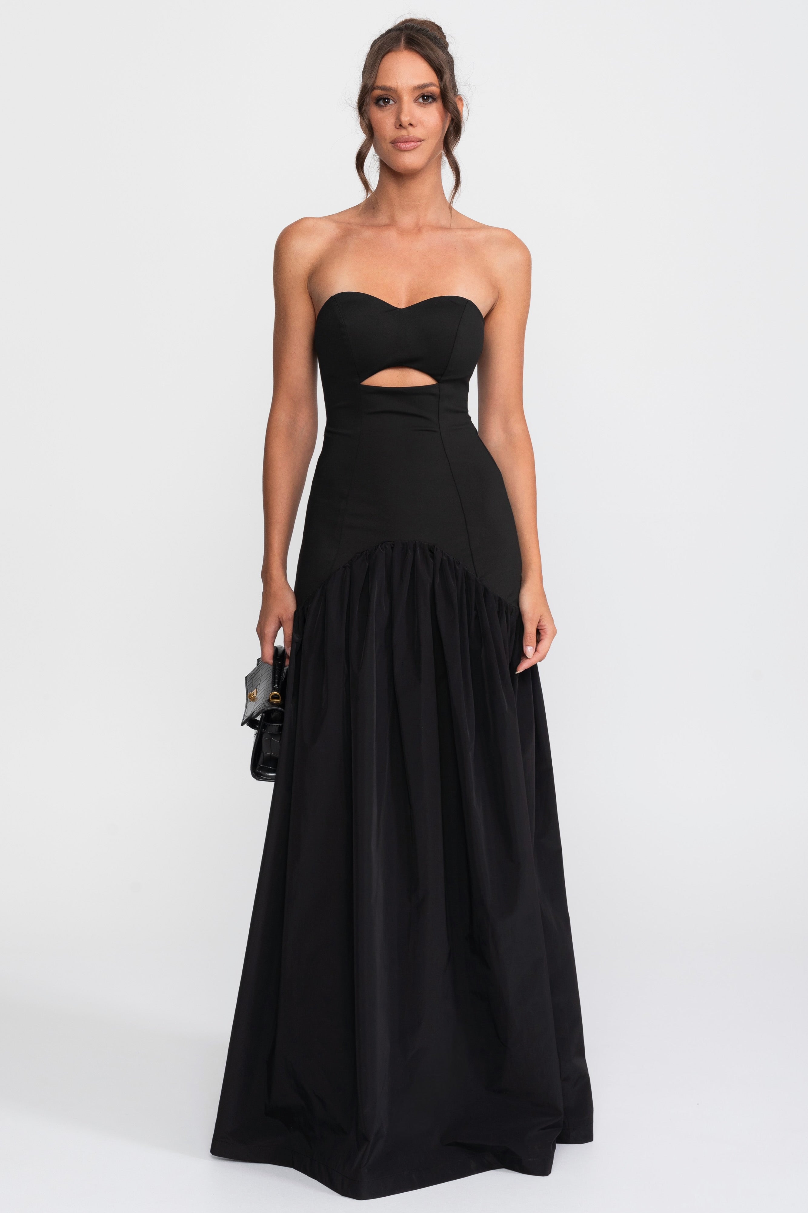 Cutout Sweetheart Drop-Waist Gown With Gathered Skirt - Black