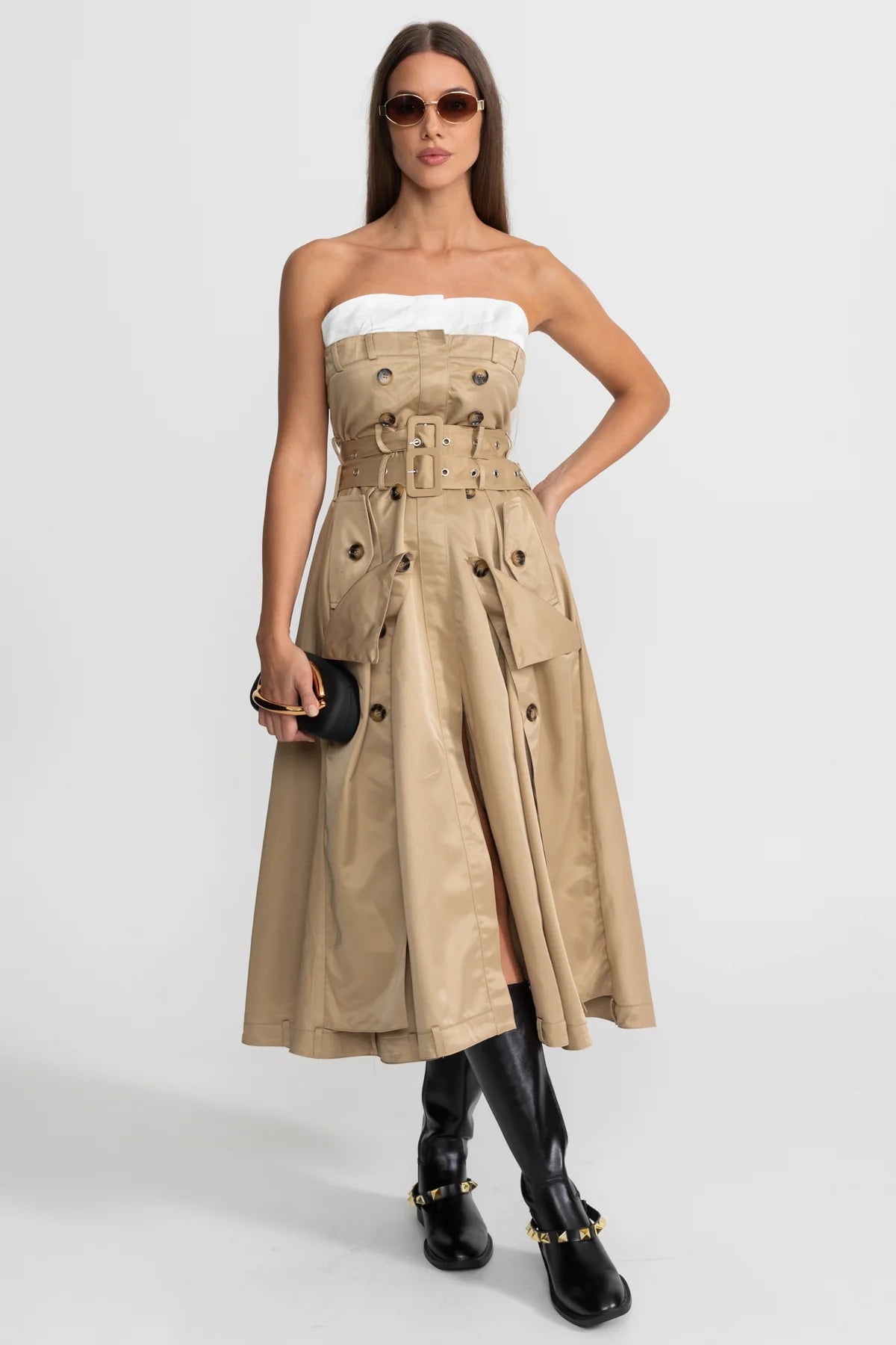 Strapless Trench Midi Dress With Belted Waist – Beige