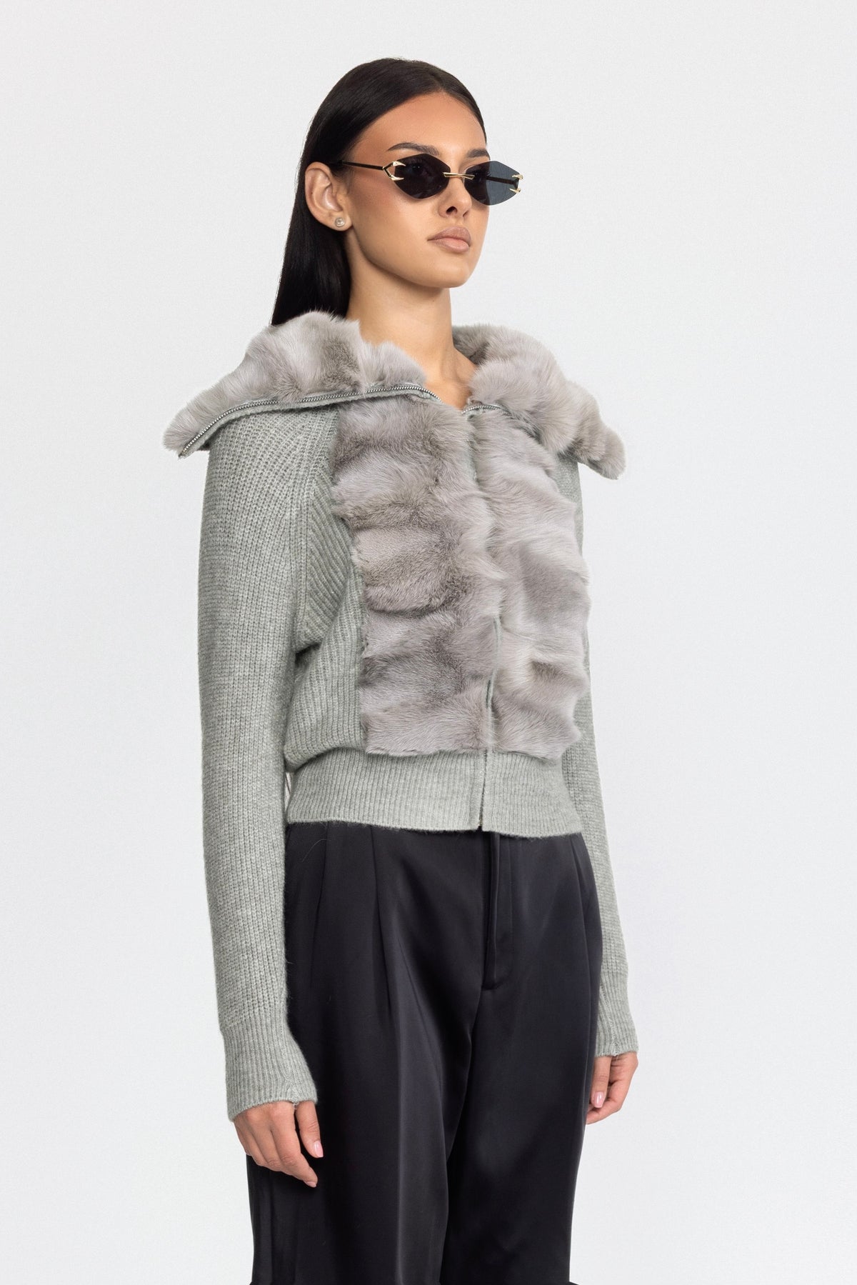 Rabbit Fur Panel Knit Zip Cardigan - Grey