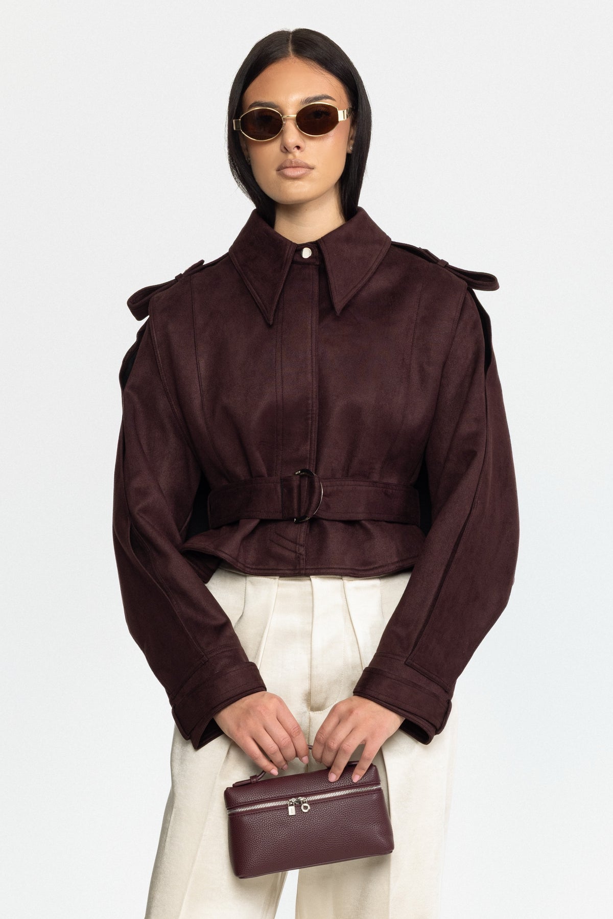 Suede Belted Cape Jacket - Burgundy