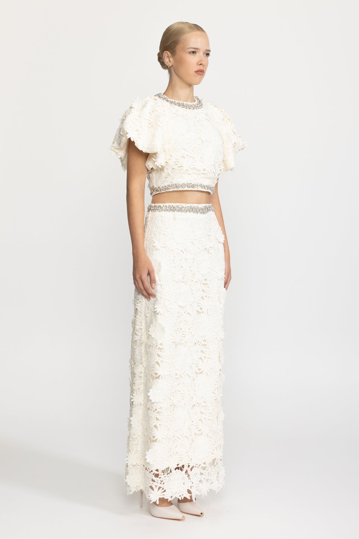Crystal Trim Guipure Lace Crop Top and Maxi Skirt Co-ord Set - Ivoire