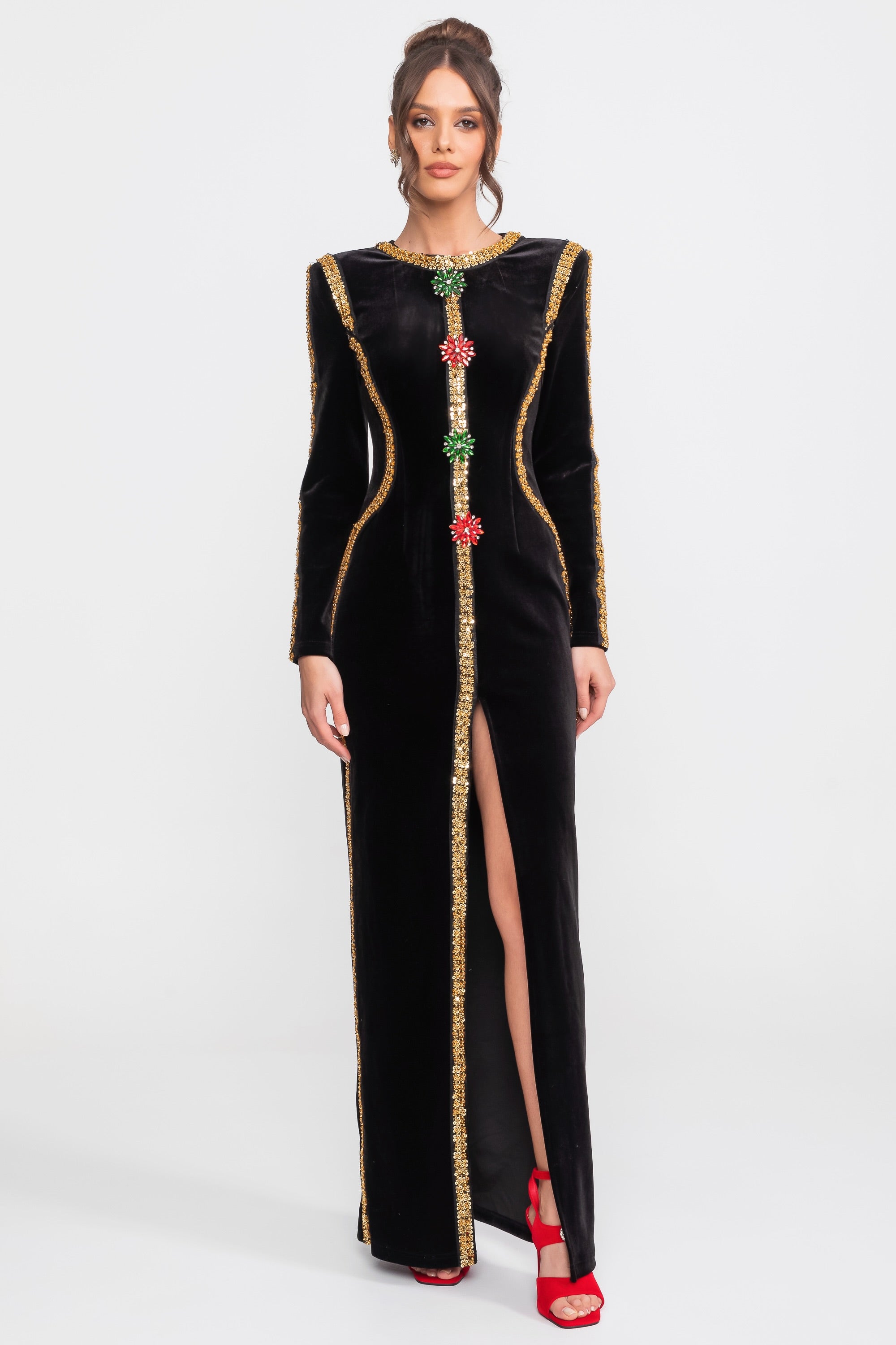 Velvet Maxi Dress With Gold Sequin Trim And Crystal Brooch Detail - Black