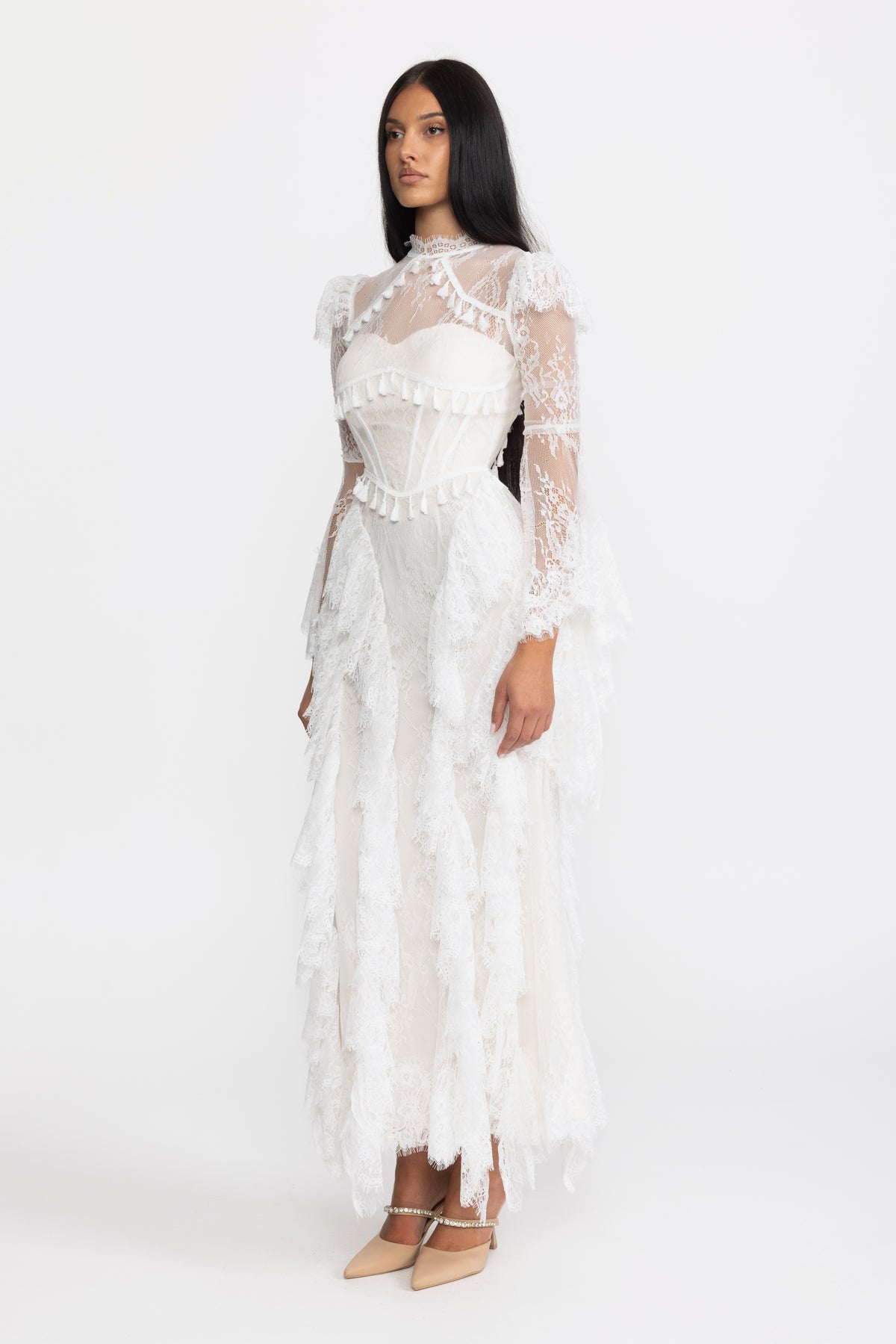 Tassel Trim Lace Corset Bell Sleeve Maxi Dress - White