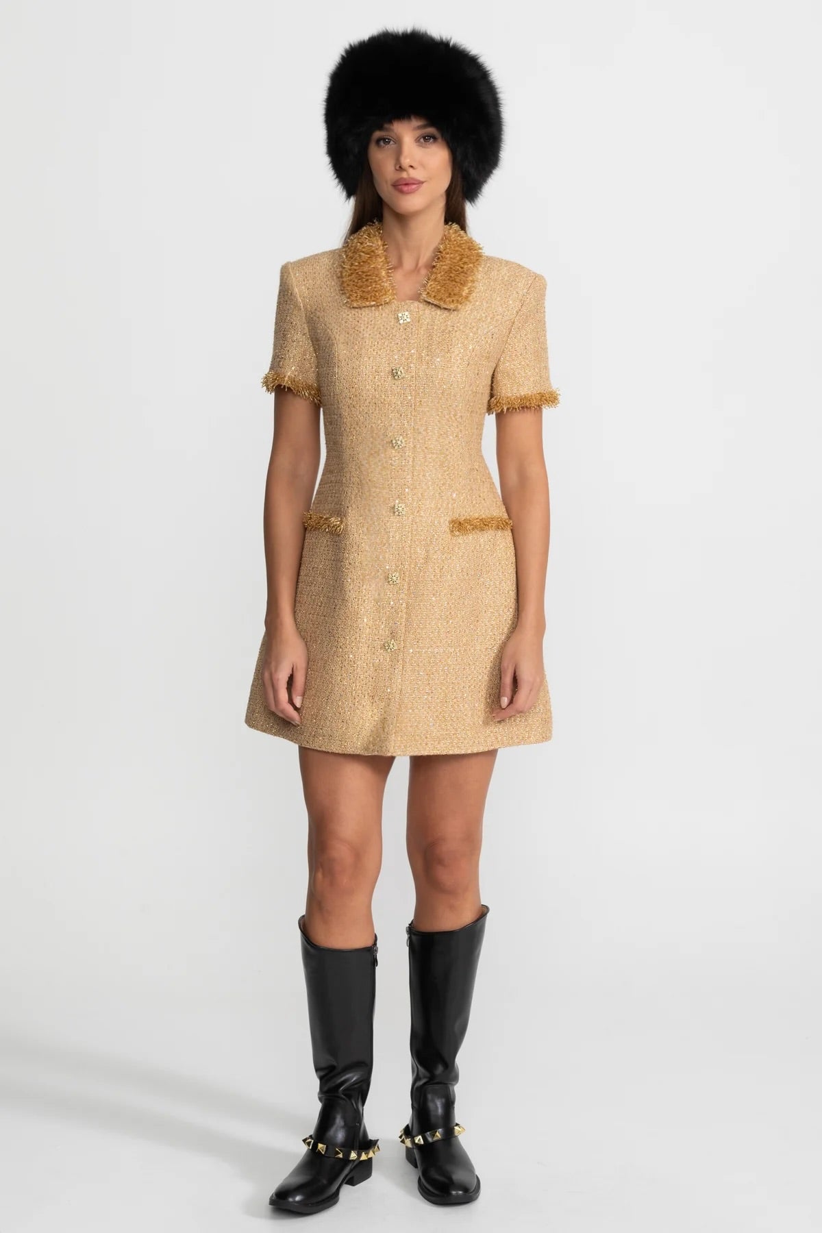 Textured Tweed Overcoat With Intricate Sequin Embellishments And Fringe Trim Accents - Gold