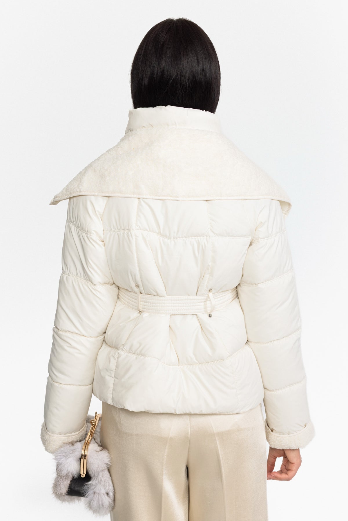 Belted Puffer Jacket with Teddy Collar - Ivoire