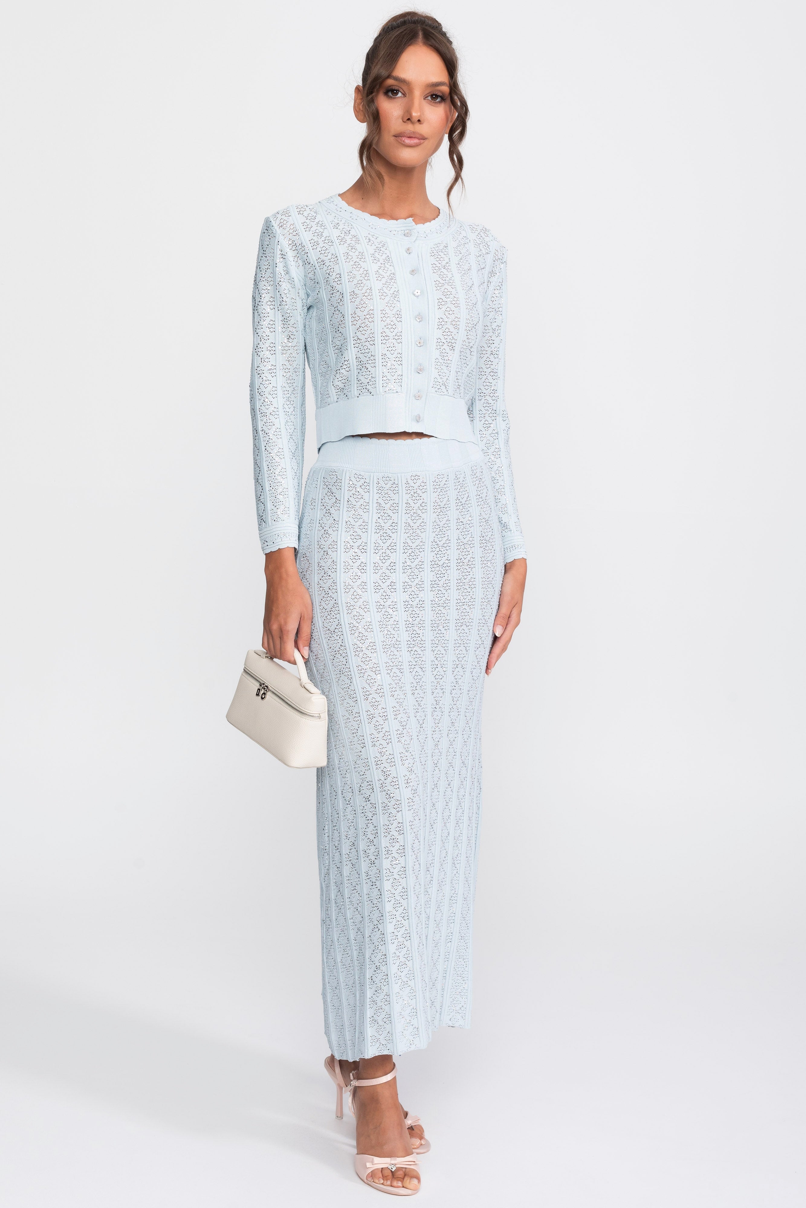 Eyelet Knit Co-Ord Set With Cardigan And Maxi Skirt - Light Blue
