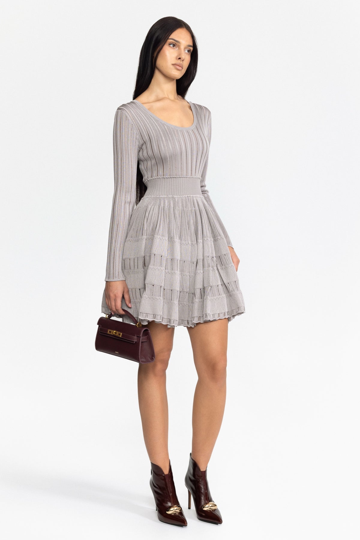 Ladder Knit Scoop Neck Skater Mini Dress - Grey