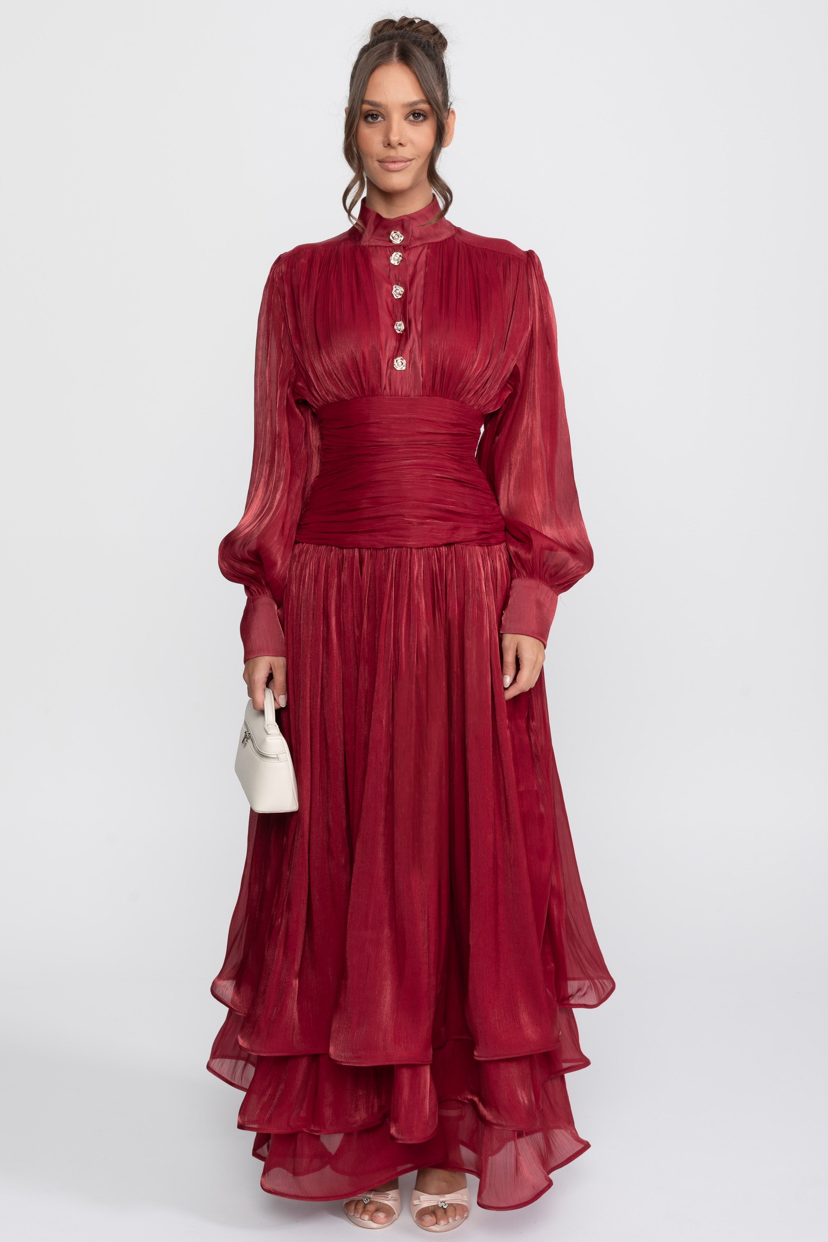 Balloon-Sleeve Tiered Maxi Dress With Jeweled Rose Buttons - Red