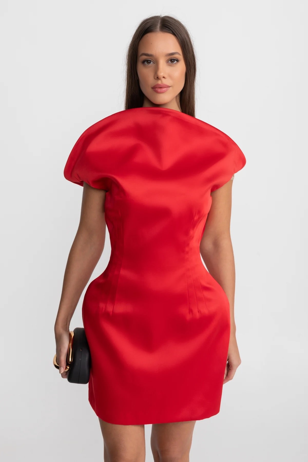 Satin Mini Dress with Sculptural Shoulder Detail