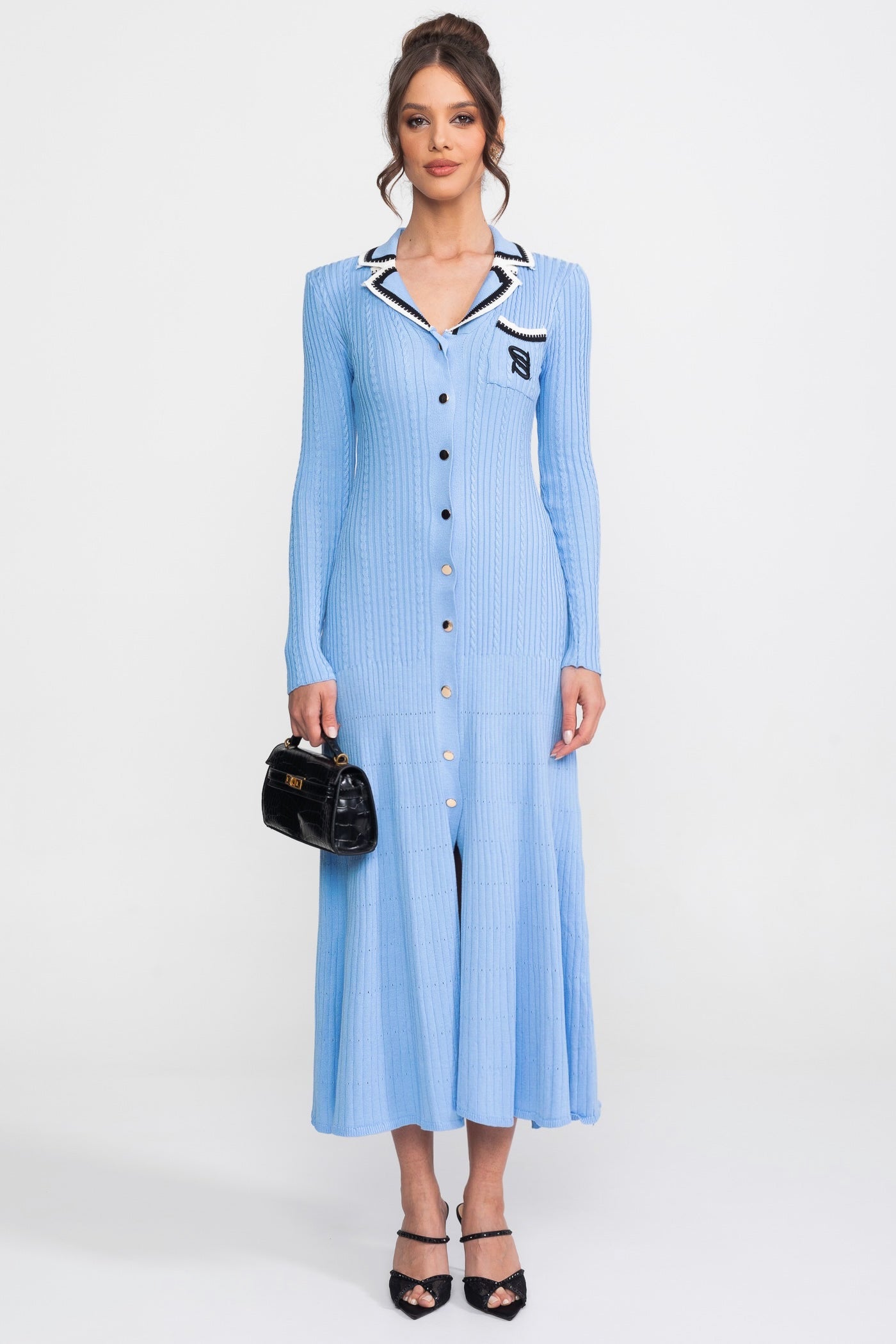 Long Sleeve Knit Midi Dress With Polo Collar And Monogram Patch - Blue