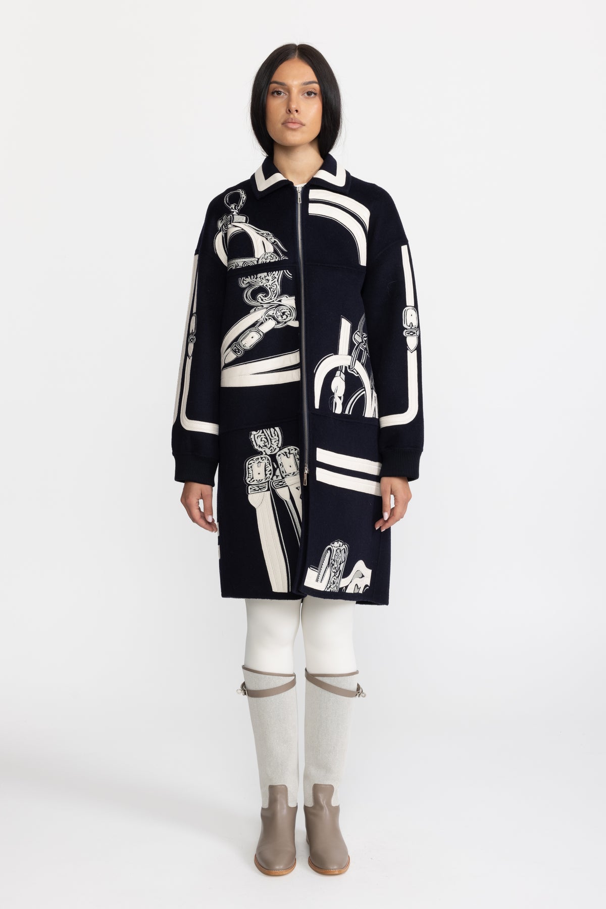 Equestrian Applique Embroidered Wool Zip Coat - Navy