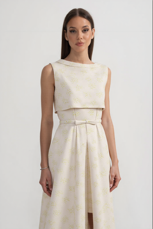 Floral Embroidered Sleeveless Dress With High Neckline And Front Slit - Ivoire