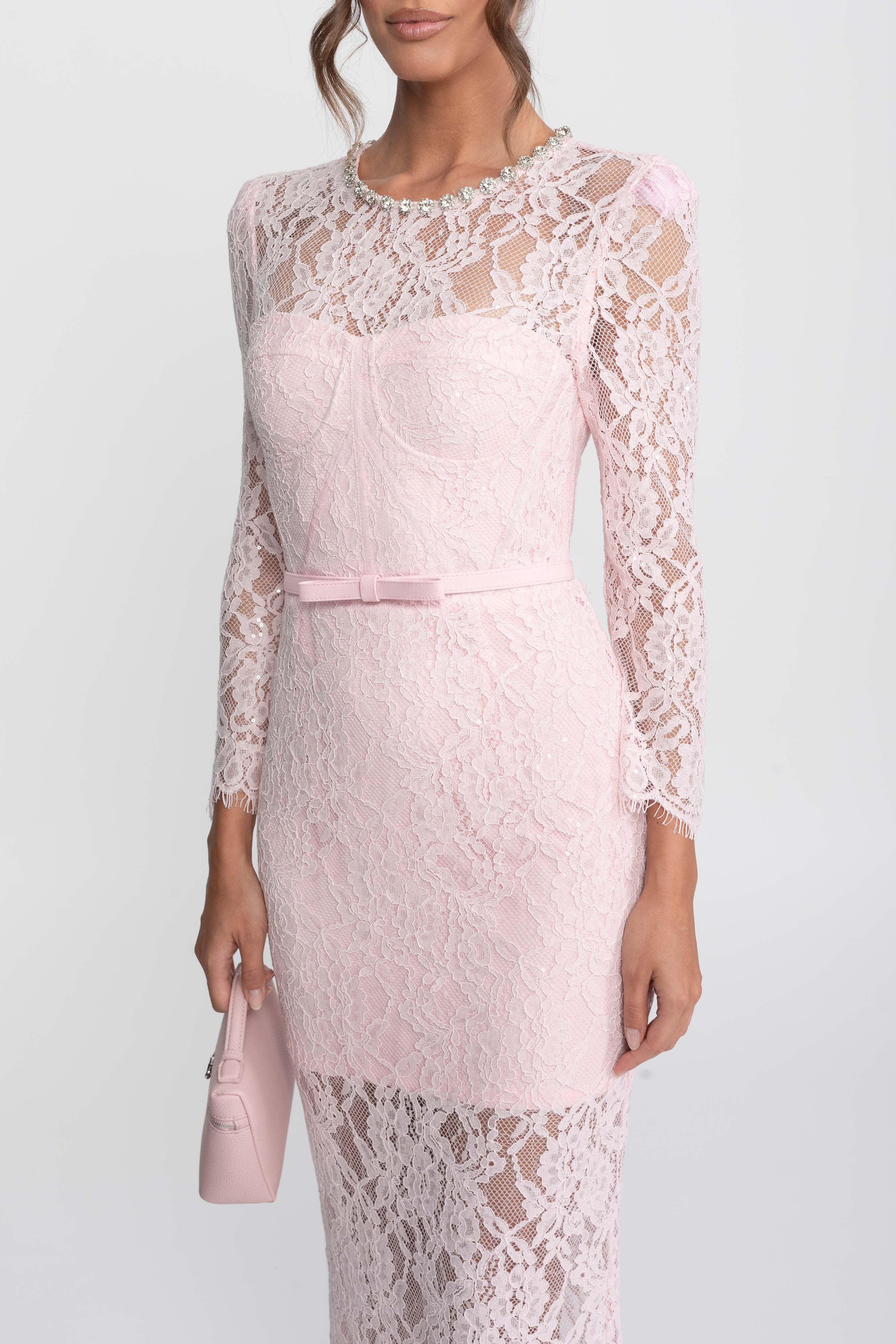 Lace Trim Midi Dress With Crystal Neckline And Matching Belt - Pink