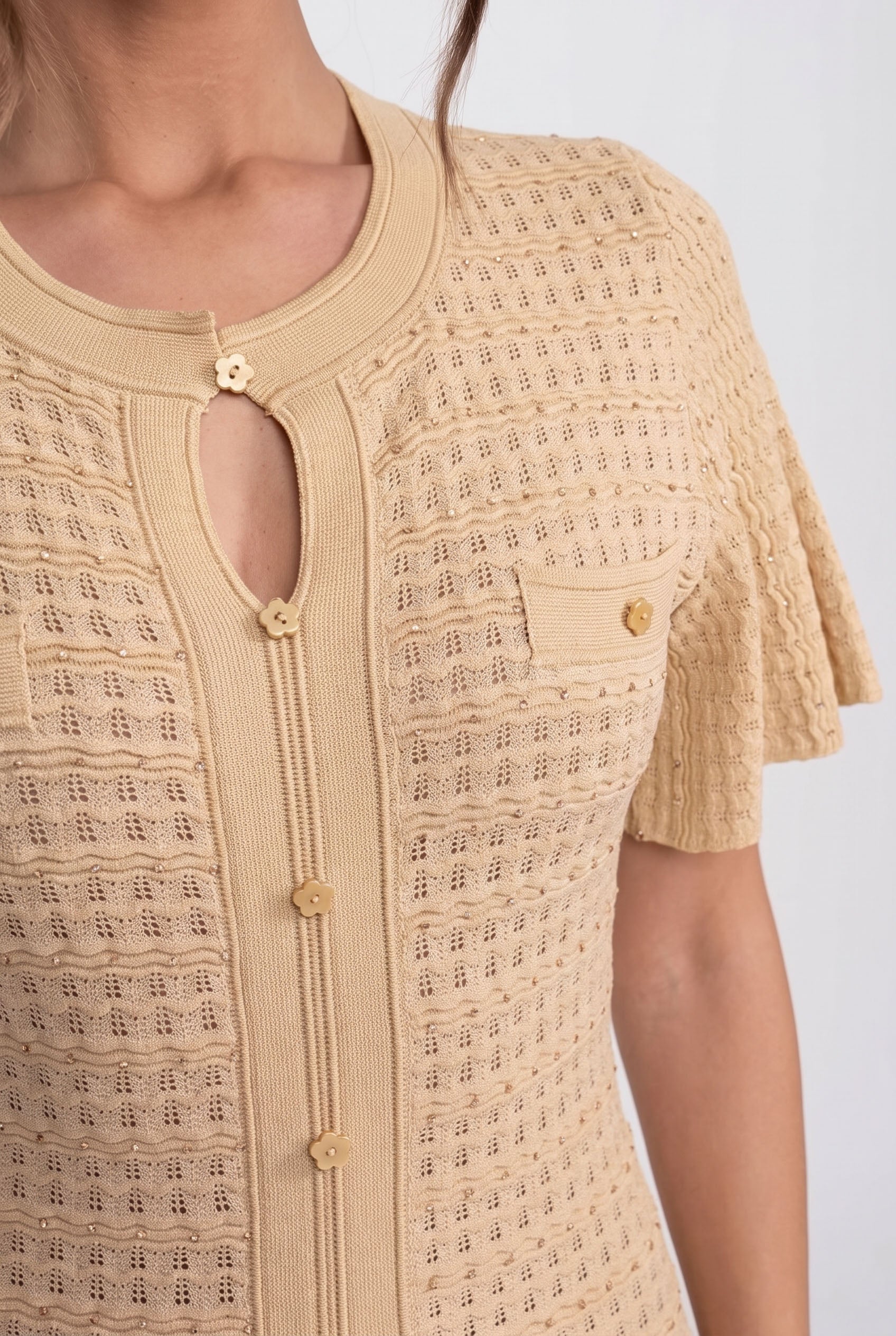 Short Sleeve Midi Dress With Shimmer Knit Texture - Beige
