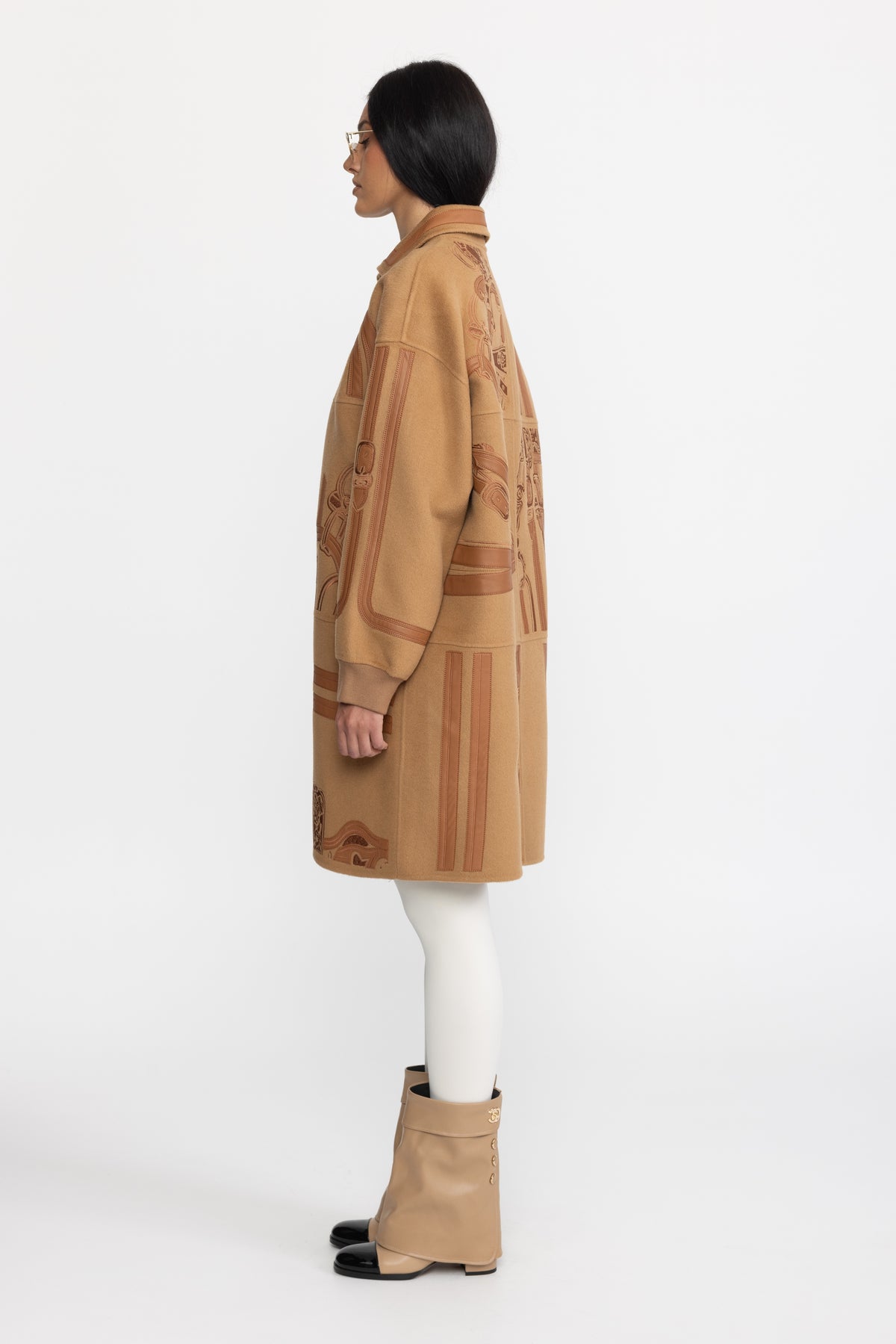 Equestrian Applique Embroidered Wool Zip Coat - Camel