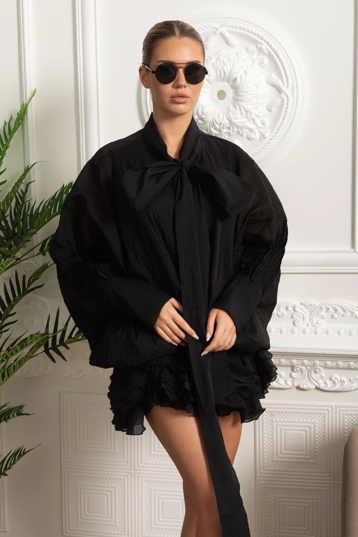 Sheer mesh see through ruffle solid cross back irregular mini dress