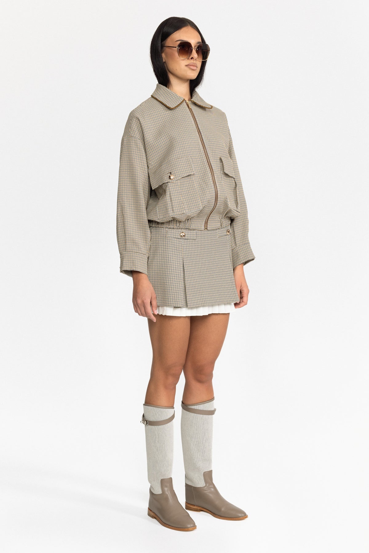 Houndstooth Bomber Jacket and Pleated Mini Skirt Set - Beige