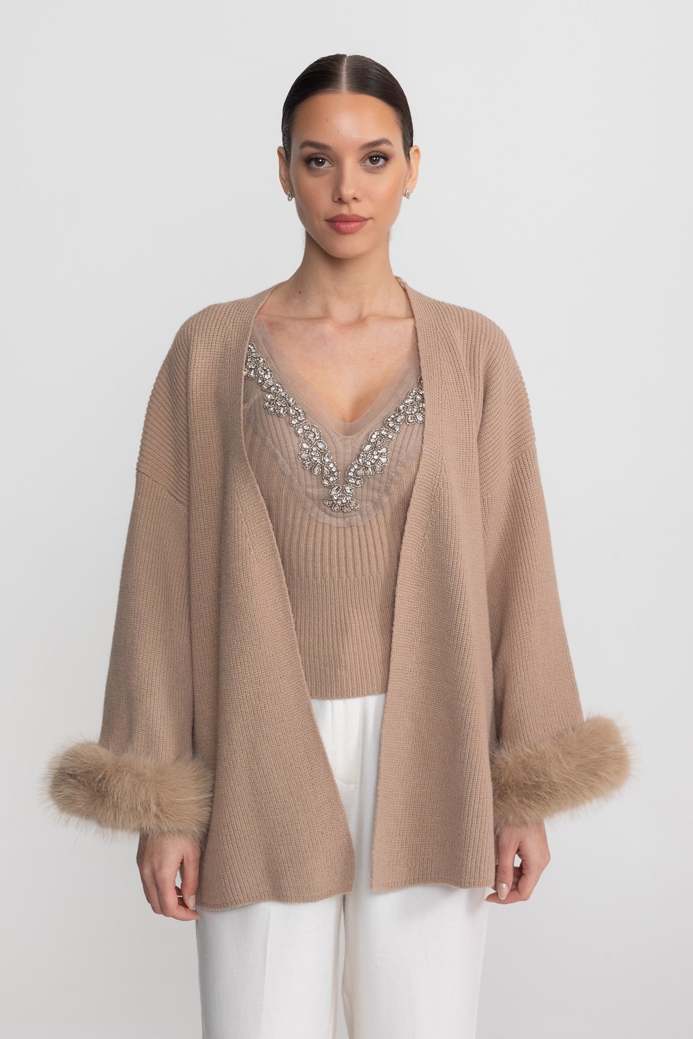 Knit Two Piece Set With Crystal Embellishments And Trim Cuffs - Beige