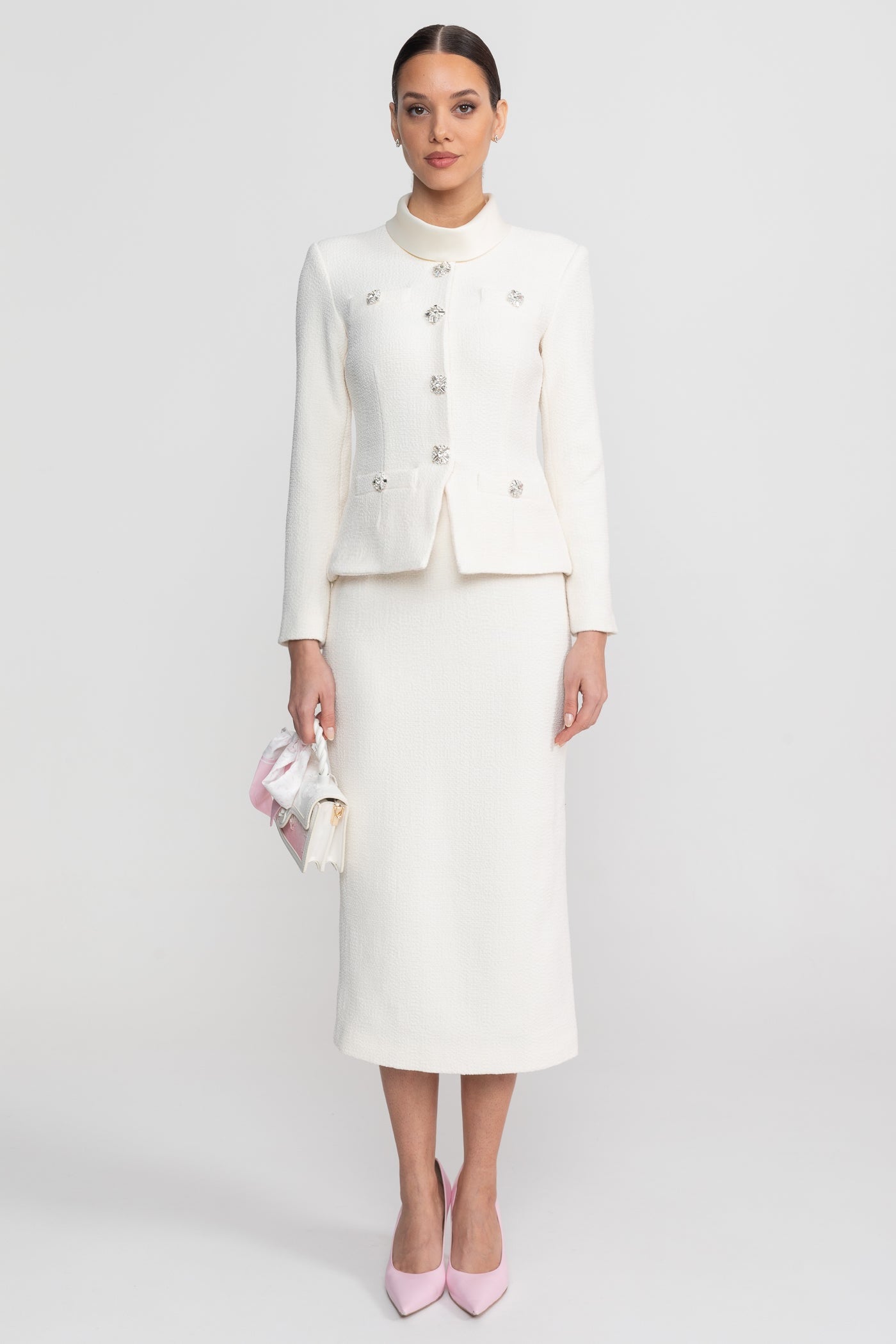 Textured Midi Dress With High Neck Jacket And Crystal Button Detail - White