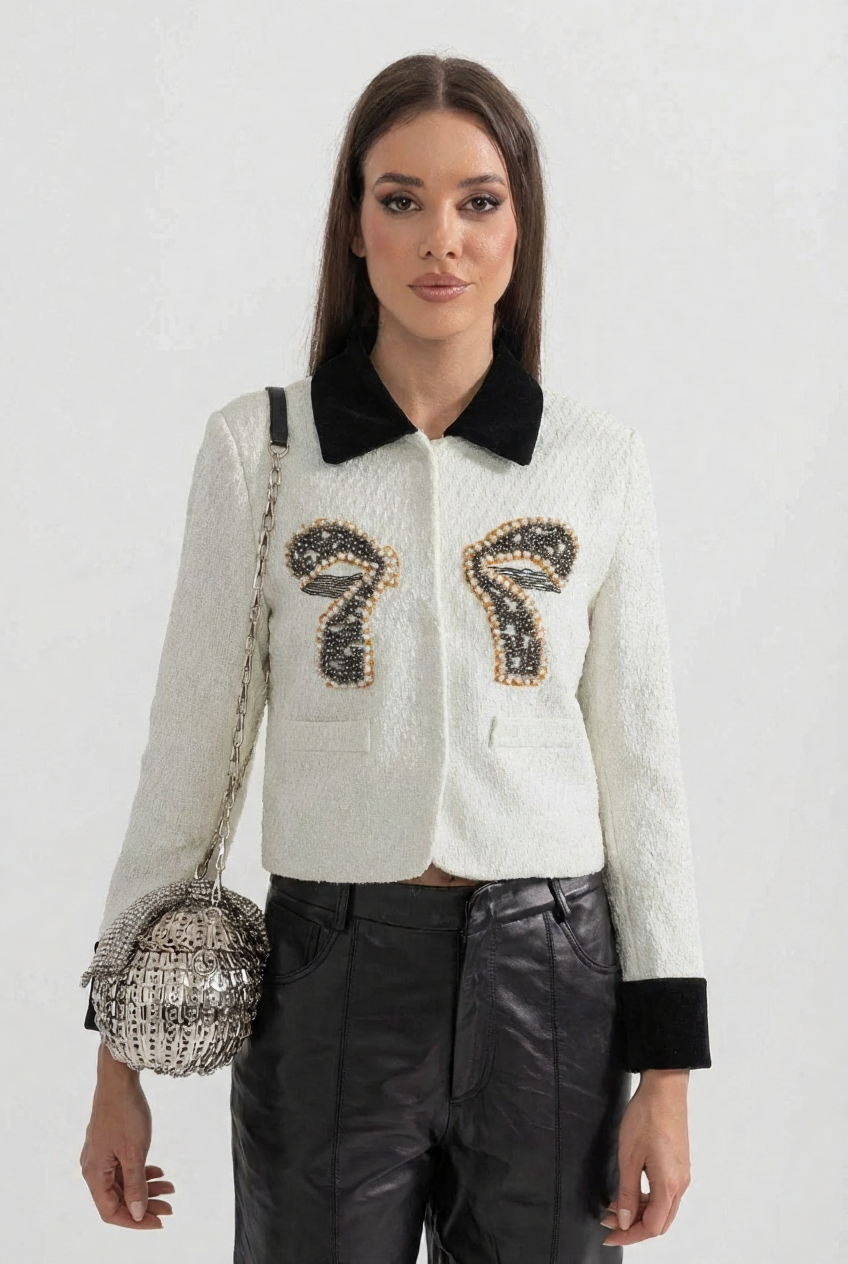 Tweed Blazer With Contrasting Elements And Metallic Bow Accent - White