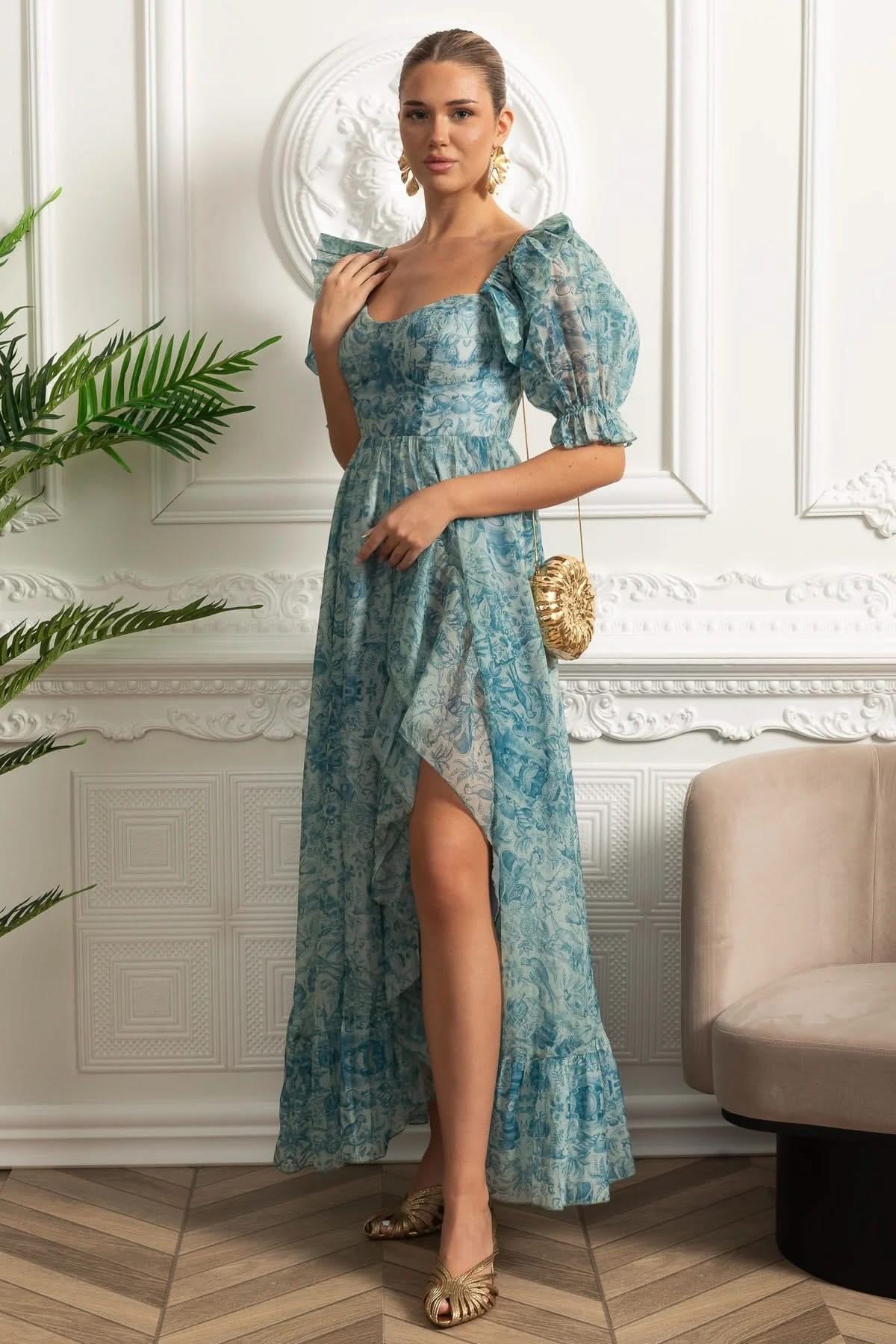 Printed Maxi Dress With Puff Sleeves And Front Slit - Blue