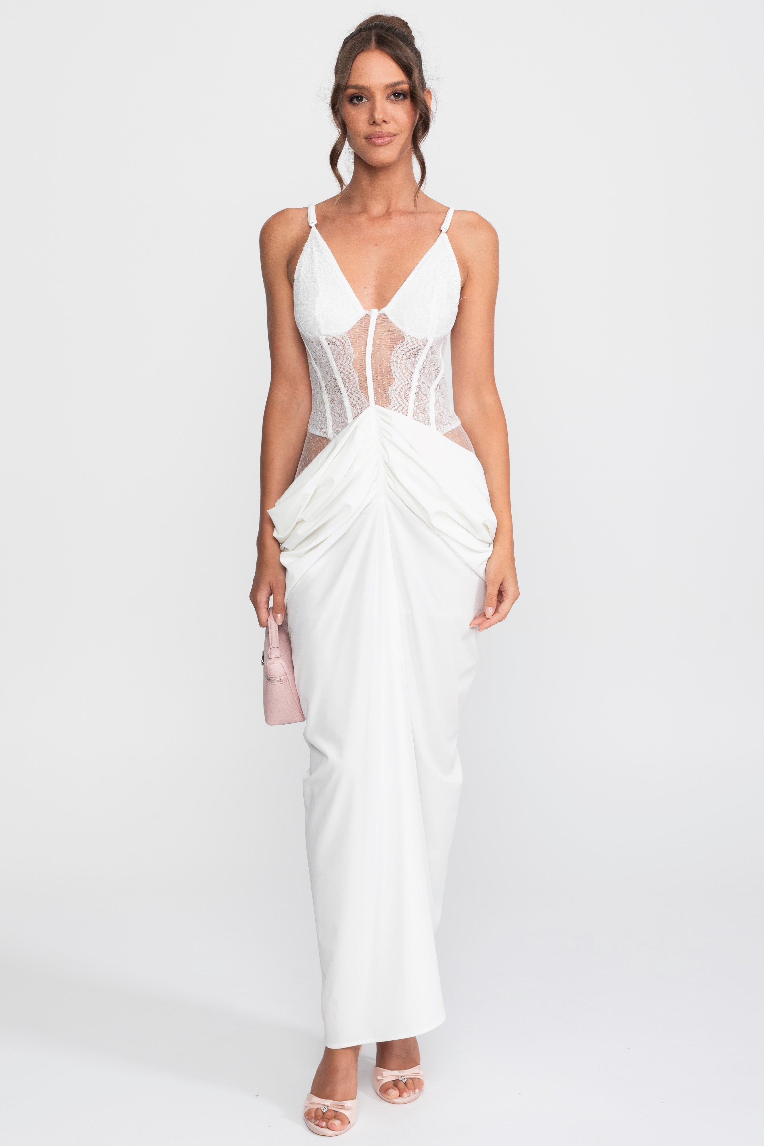 Lace Bodice Draped Gown With Spaghetti Straps - White