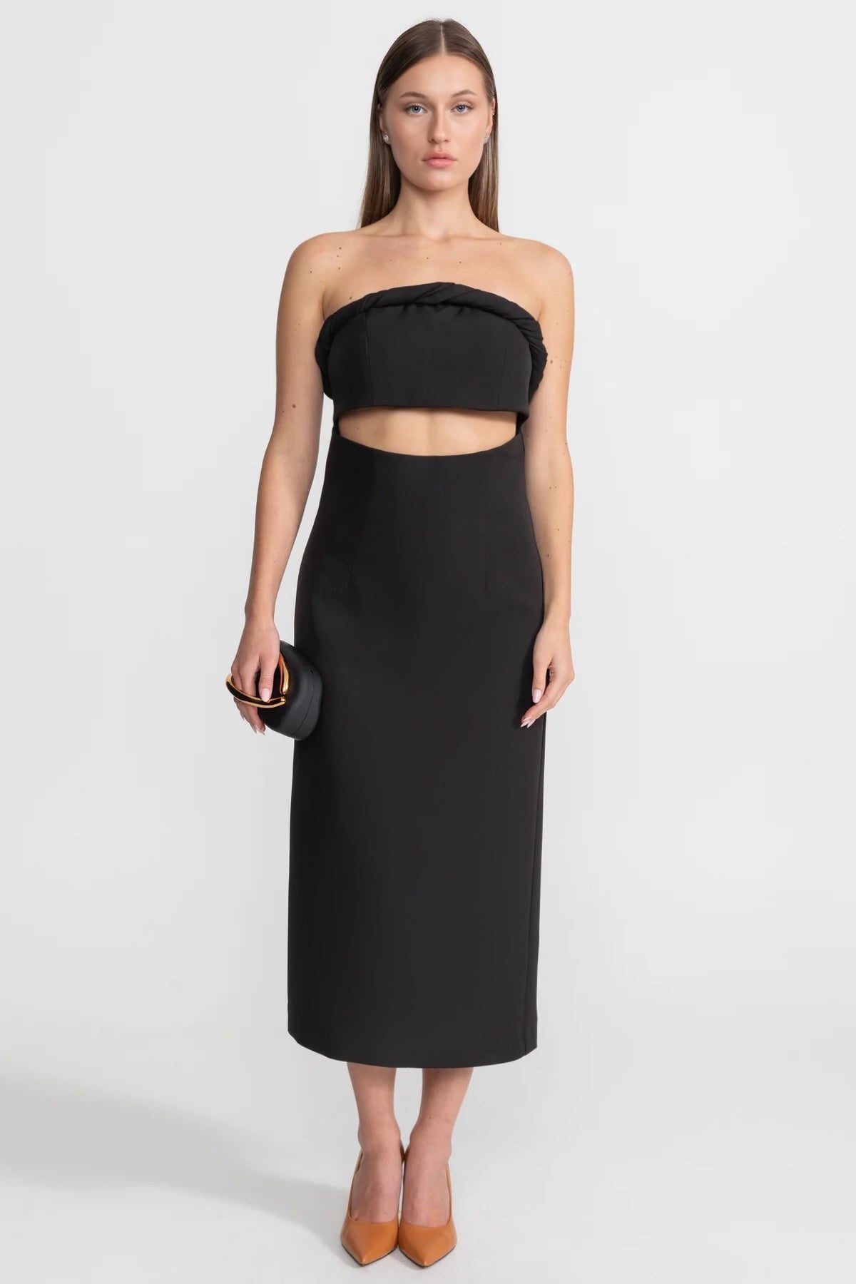 Strapless Cutout Midi Dress With Twisted Bandeau Detail – Black