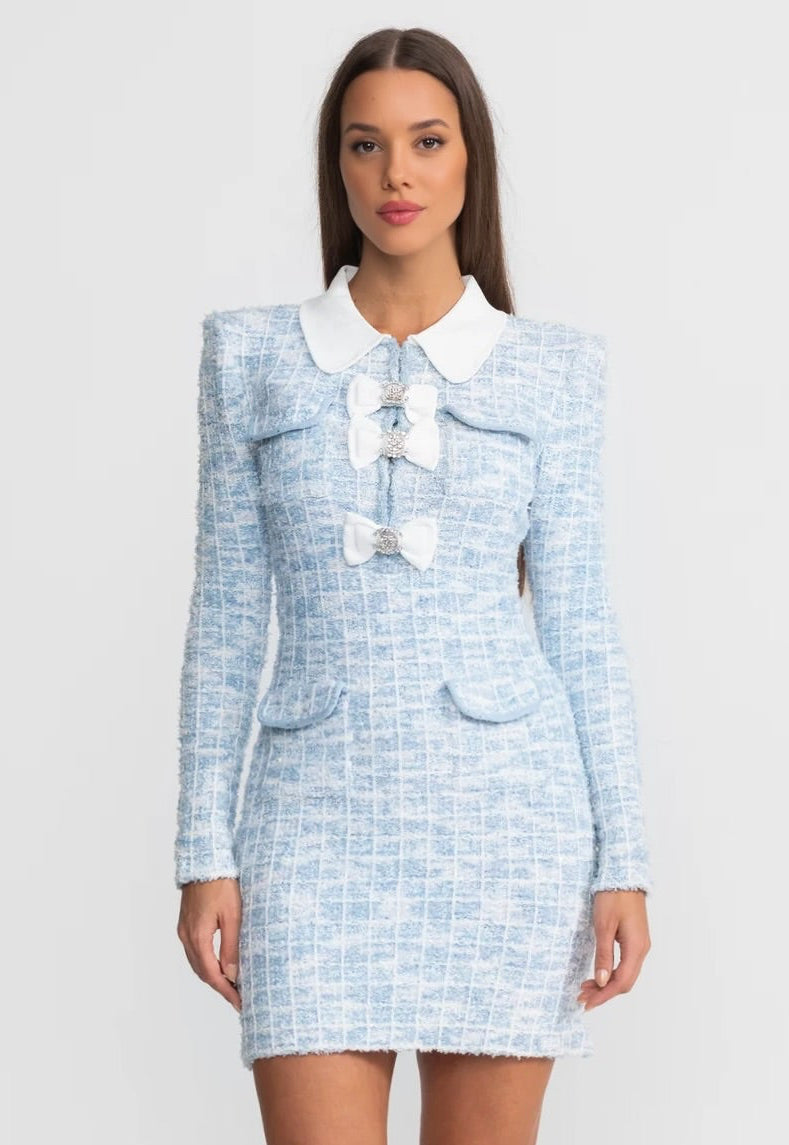 Tweed Mini Dress with Contrast Collar and Bow Embellishments - Light Blue, S Tweed Mini Dress with Contrast Collar and Bow Embellishments - Light Blue, S
