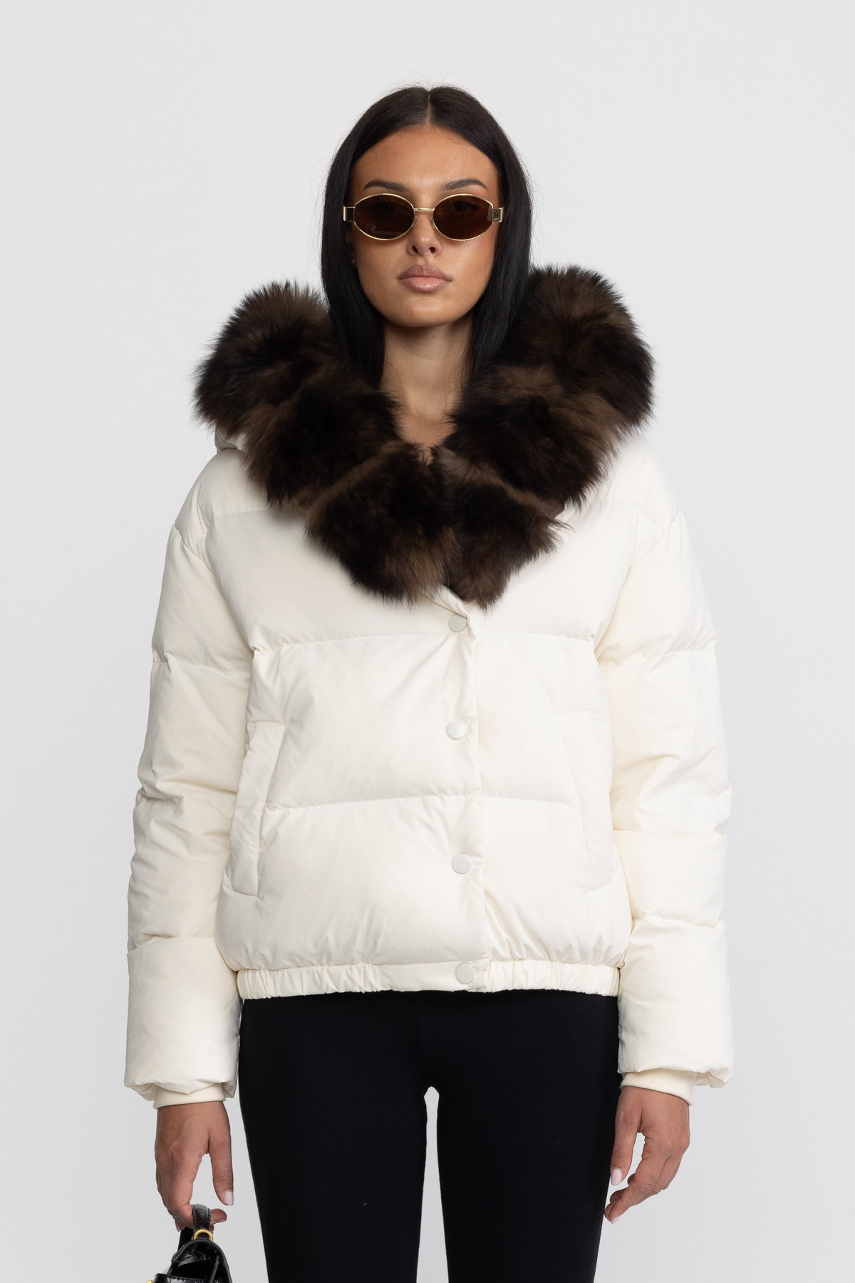 Fox Fur Hood Cropped Down Puffer Jacket - Ivoire